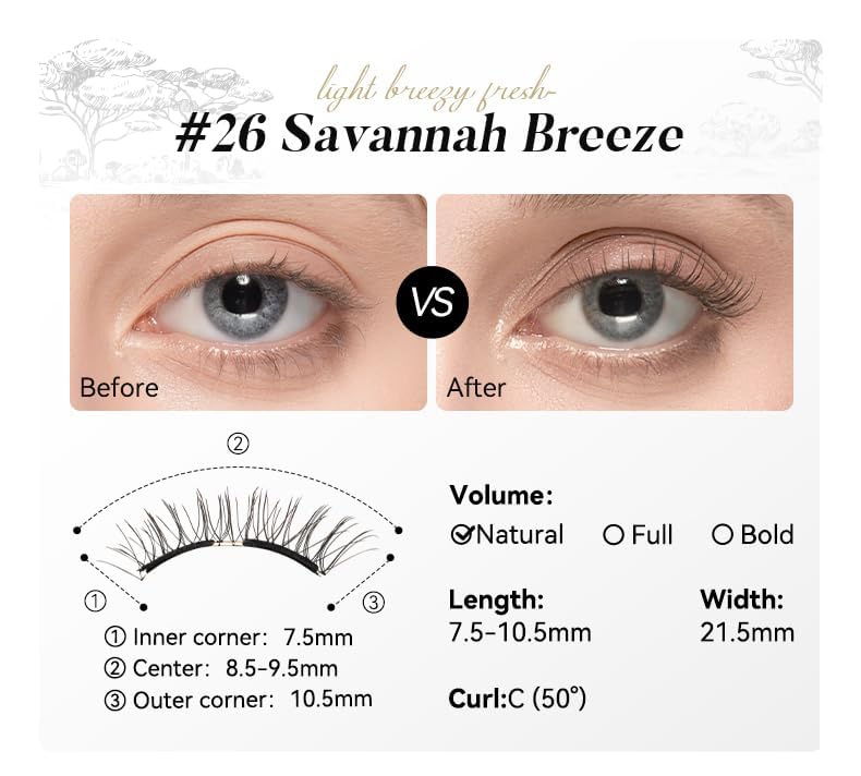 WOSADO Magnetic Eyelashes with Applicator Kit (V26 Savannah Breez) – Reusable, Glue-Free, Waterproof & Lightweight
