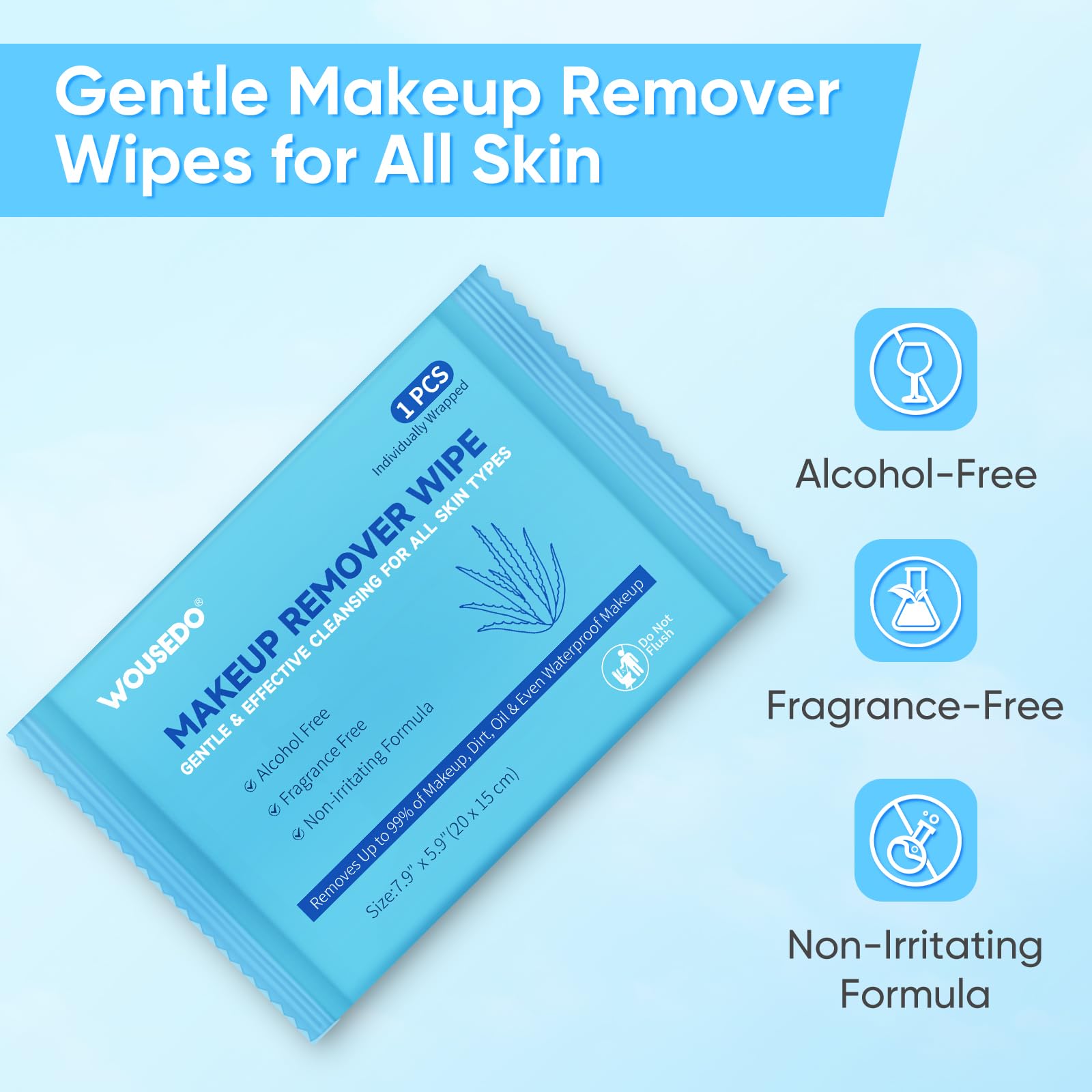 WOUSEDO 100 Count Makeup Remover Wipes | Alcohol-Free, Hypoallergenic Facial Towelettes, Individually Wrapped Bulk Pack