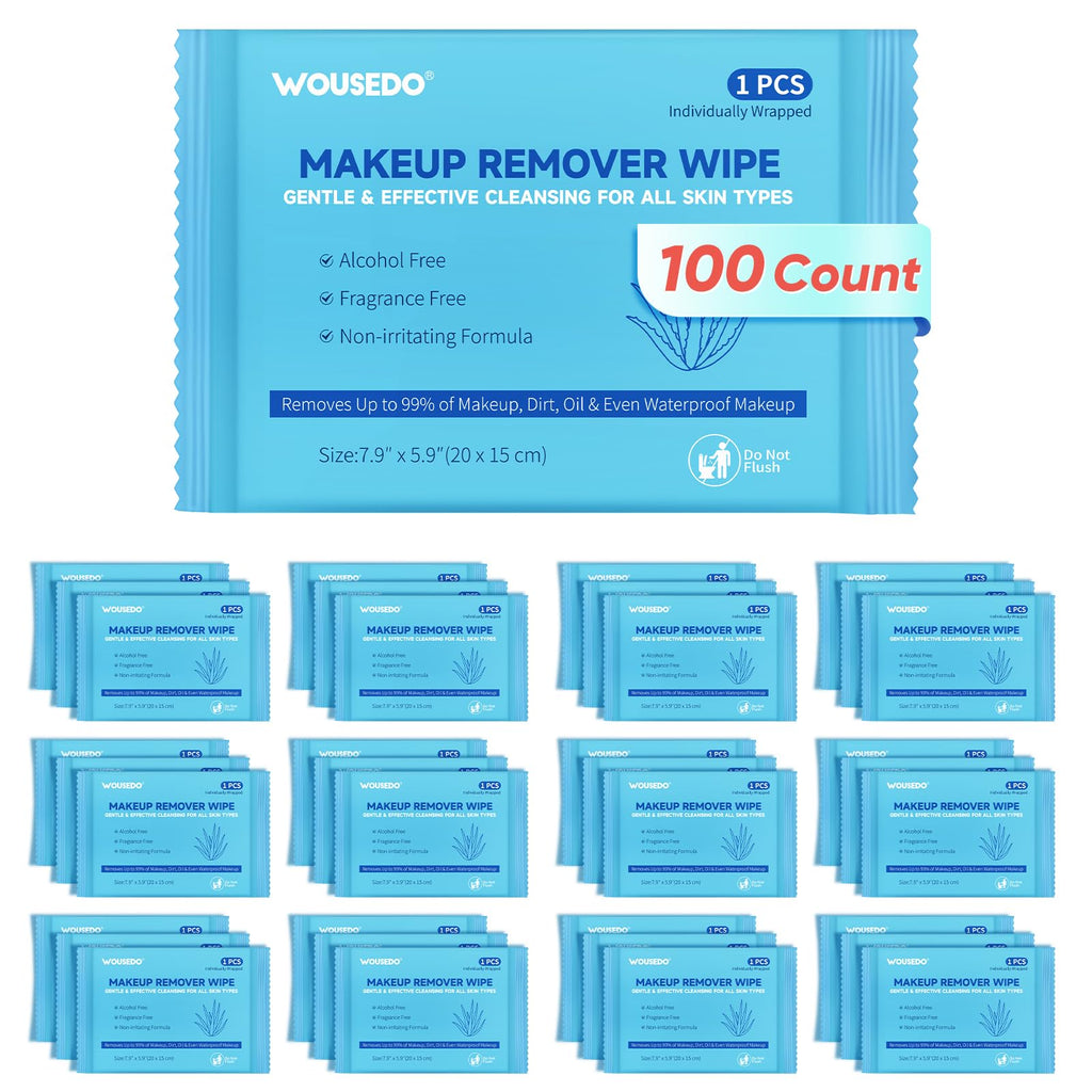 WOUSEDO 100 Count Makeup Remover Wipes | Alcohol-Free, Hypoallergenic Facial Towelettes, Individually Wrapped Bulk Pack