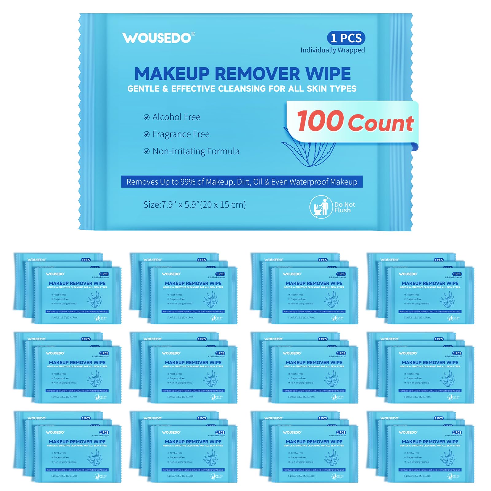 WOUSEDO 100 Count Makeup Remover Wipes | Alcohol-Free, Hypoallergenic Facial Towelettes, Individually Wrapped Bulk Pack