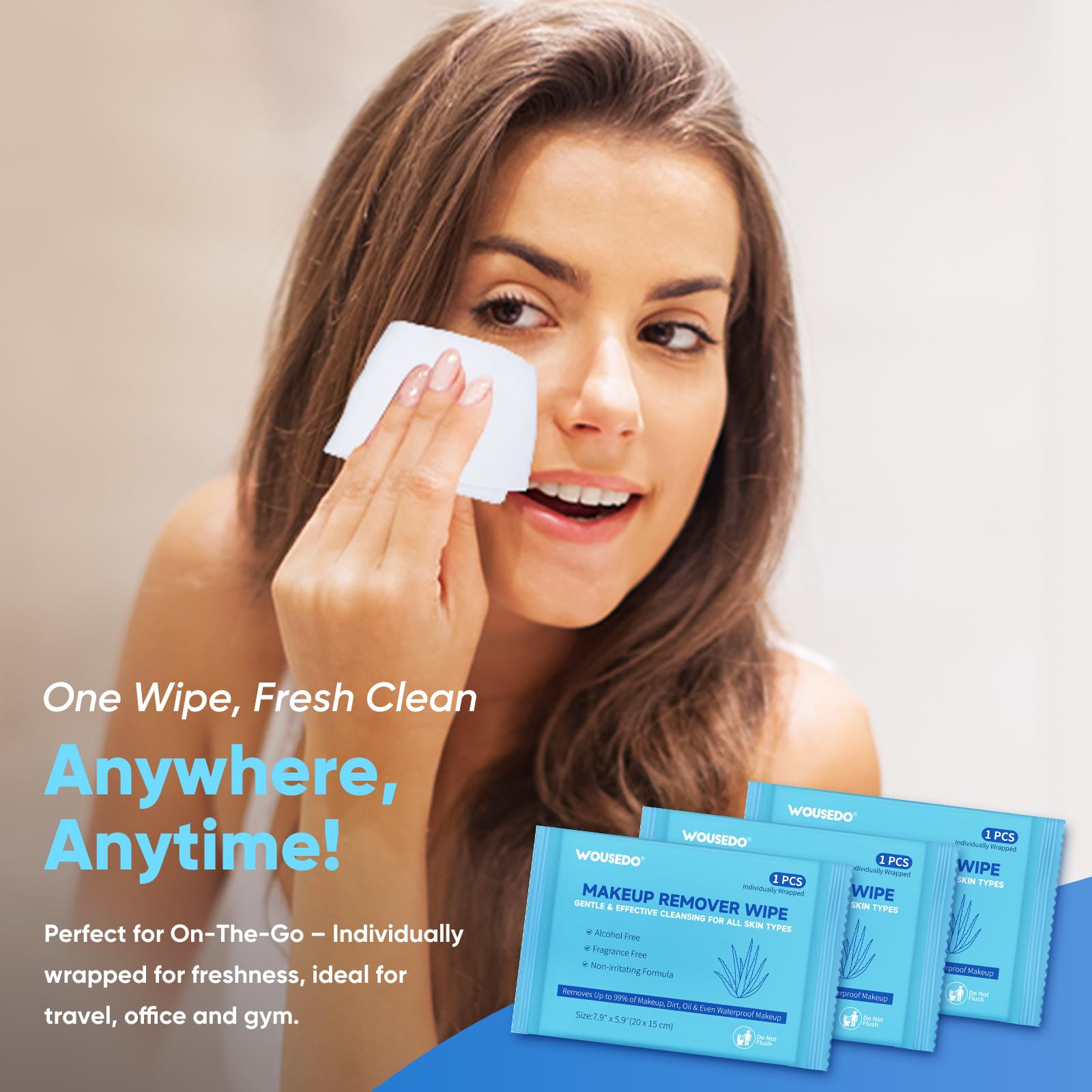 WOUSEDO 100 Count Makeup Remover Wipes | Alcohol-Free, Hypoallergenic Facial Towelettes, Individually Wrapped Bulk Pack