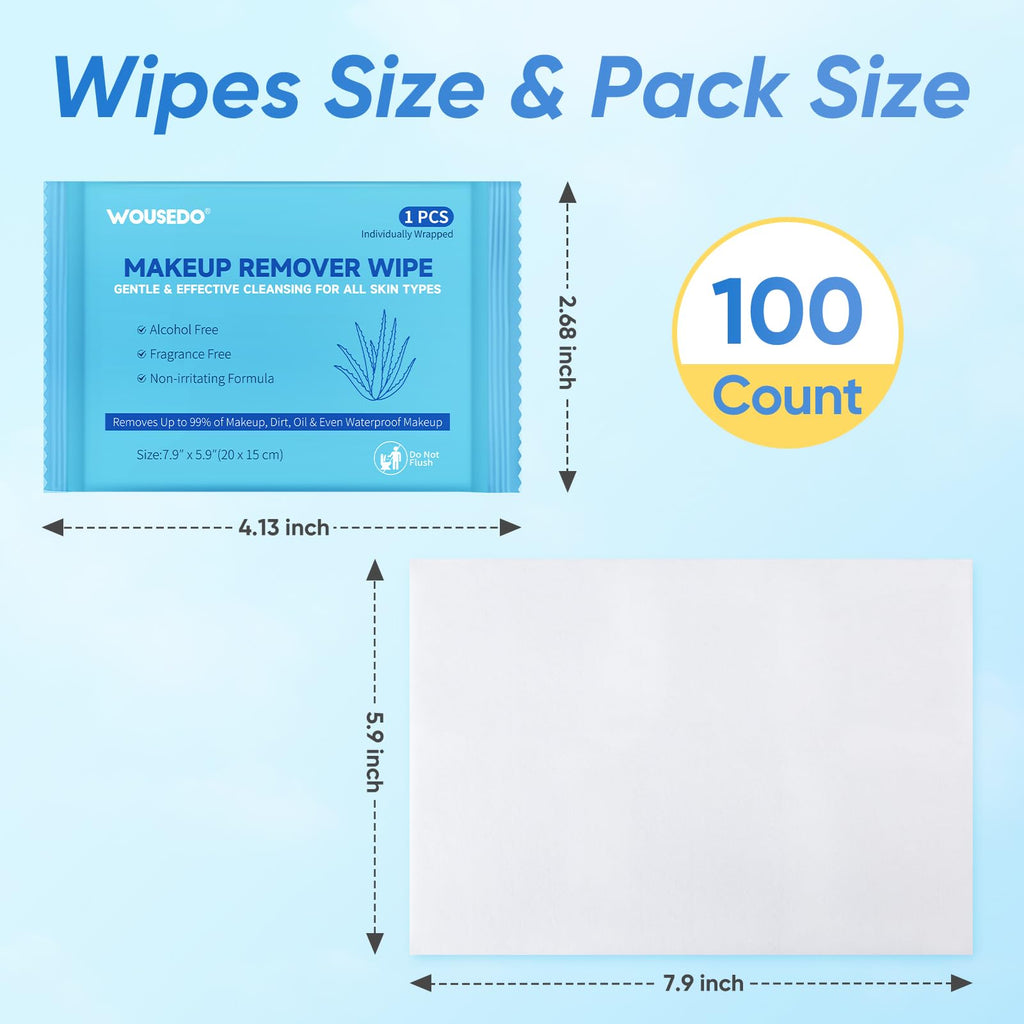 WOUSEDO 100 Count Makeup Remover Wipes | Alcohol-Free, Hypoallergenic Facial Towelettes, Individually Wrapped Bulk Pack