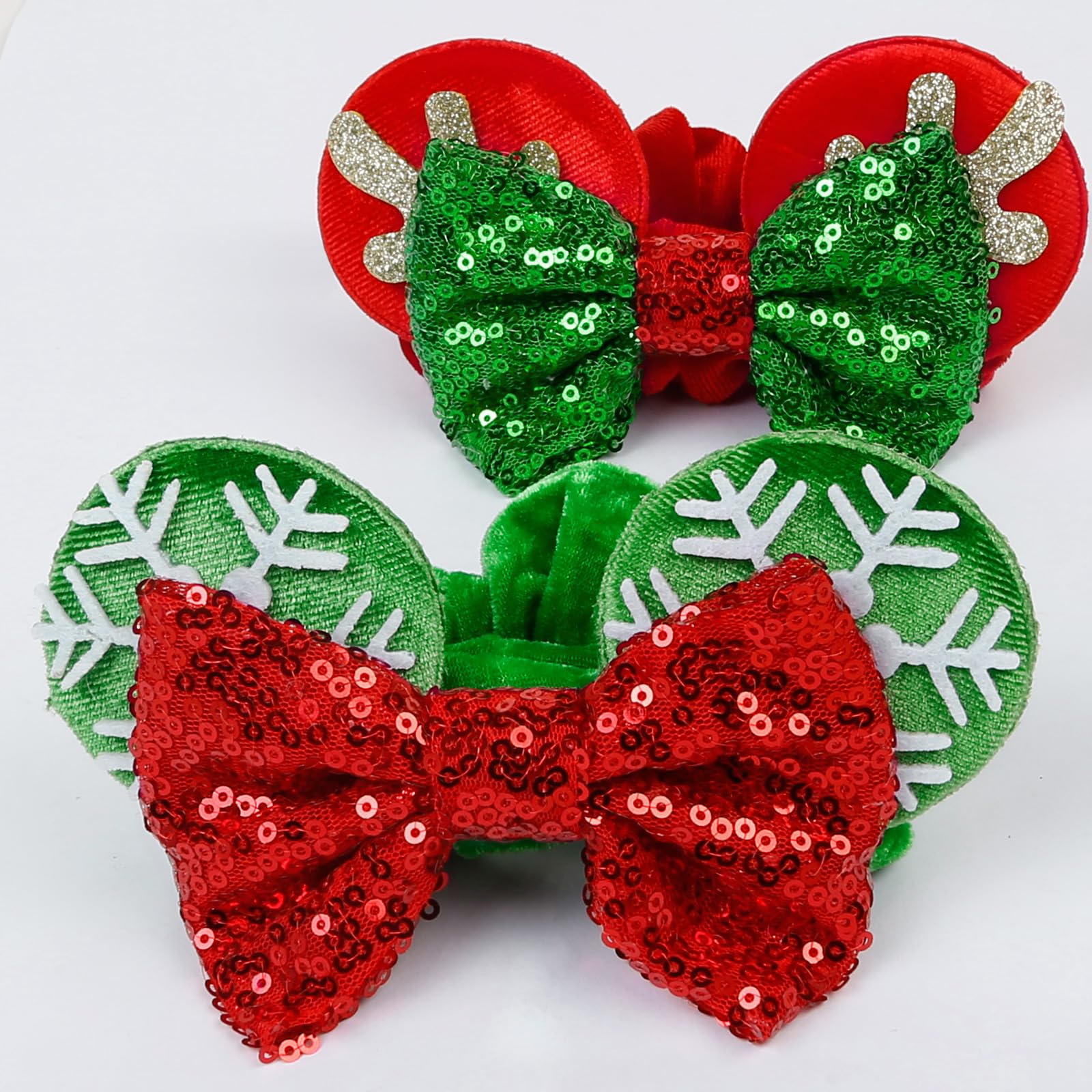 WOVOWOVO Red Christmas Mouse Ear Scrunchies – Velvet, Bow & Sequins