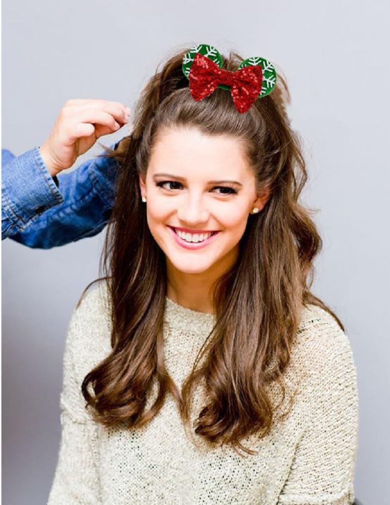 WOVOWOVO Red Christmas Mouse Ear Scrunchies – Velvet, Bow & Sequins
