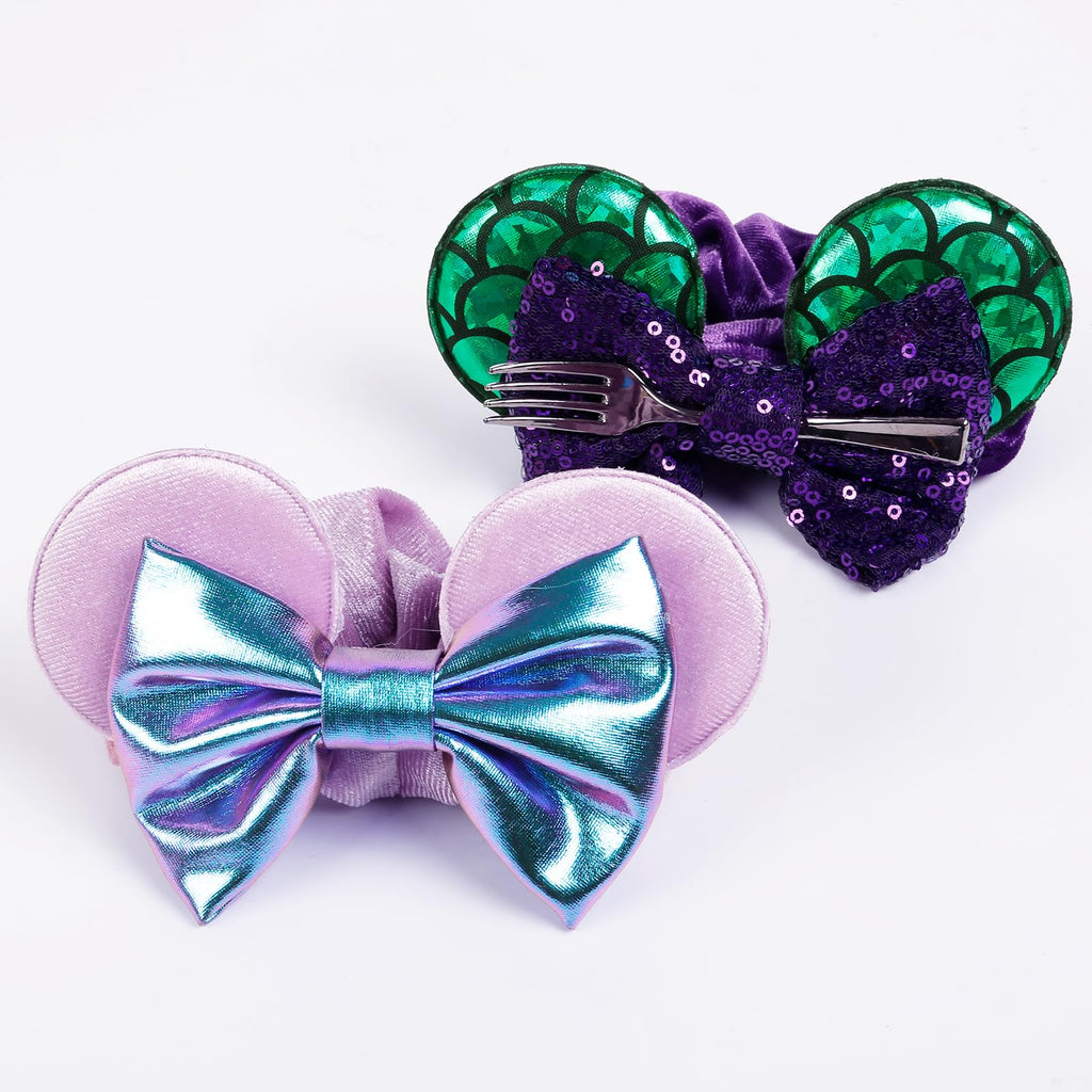 WOVOWOVO Mouse Ear Hair Scrunchies – 2 Pack Mermaid Velvet with Purple Bows for Women & Girls