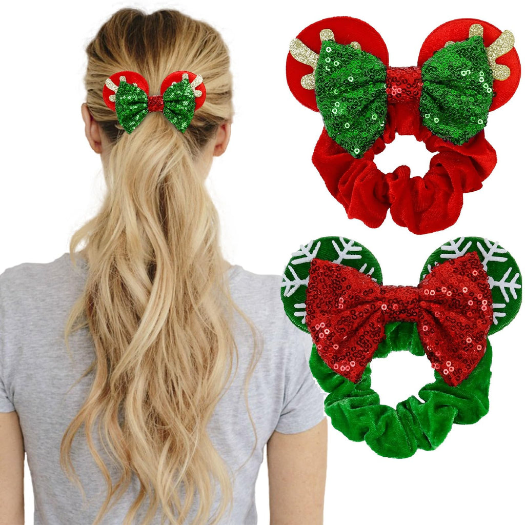 WOVOWOVO Red Christmas Mouse Ear Scrunchies – Velvet, Bow & Sequins