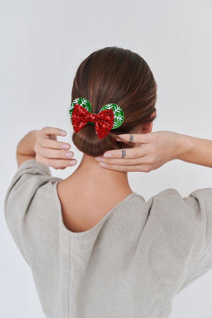 WOVOWOVO Red Christmas Mouse Ear Scrunchies – Velvet, Bow & Sequins