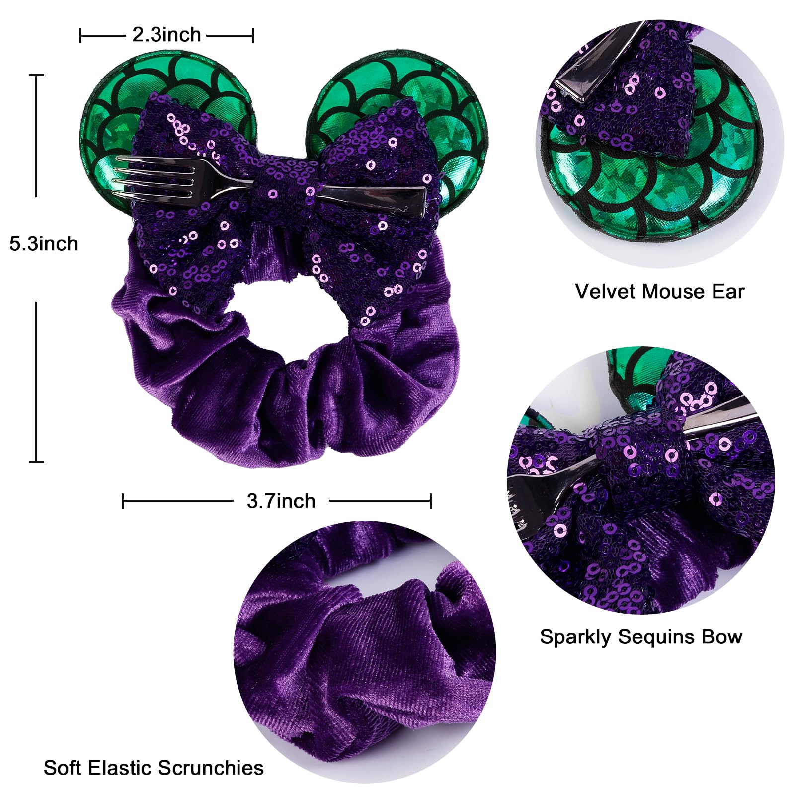 WOVOWOVO Mouse Ear Hair Scrunchies – 2 Pack Mermaid Velvet with Purple Bows for Women & Girls