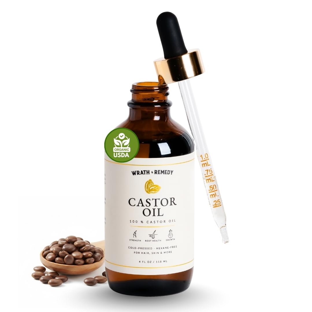 Wrath & Remedy Castor Oil Organic Hexane Free — 100% Pure Cold-Pressed Castor Oil for Hair Growth, Lashes, and Skin | 4oz Amber Glass Bottle