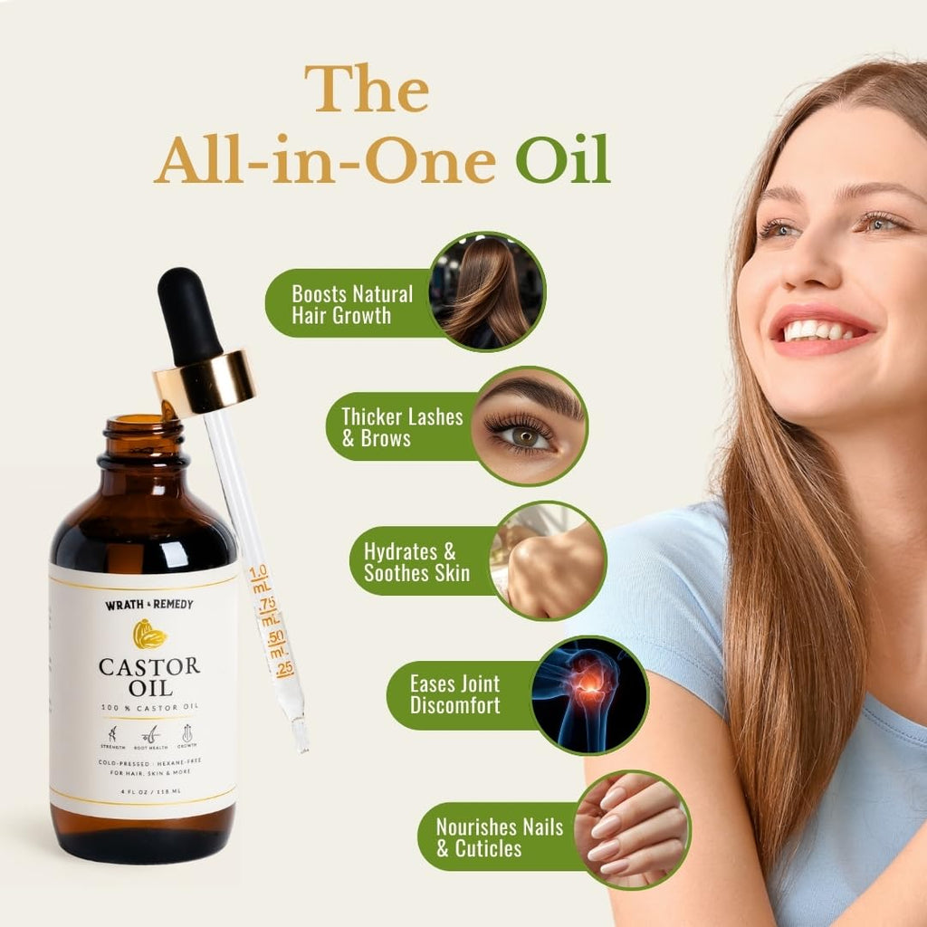 Wrath & Remedy Castor Oil Organic Hexane Free — 100% Pure Cold-Pressed Castor Oil for Hair Growth, Lashes, and Skin | 4oz Amber Glass Bottle