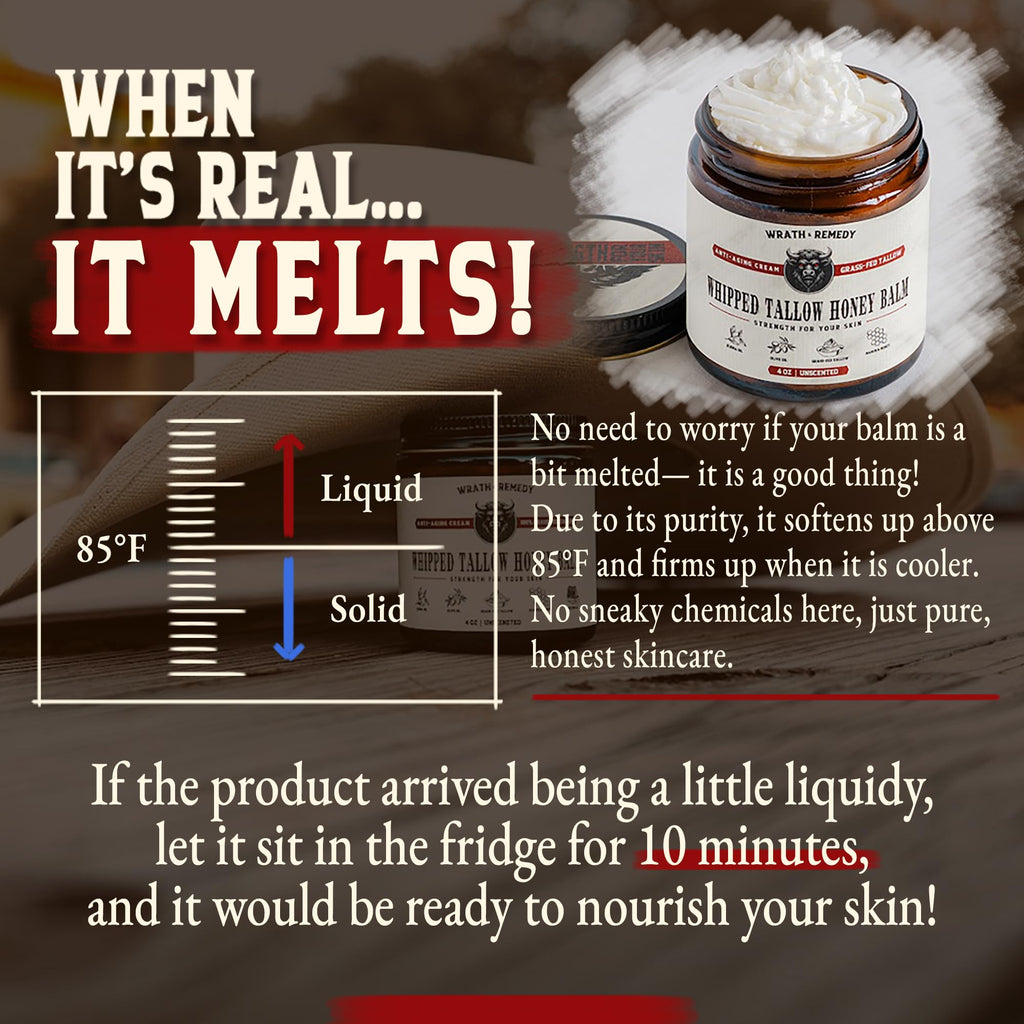 Wrath & Remedy Organic Beef Tallow for Skin - Unscented Whipped Balm 4 oz (Grass-Fed, USA)