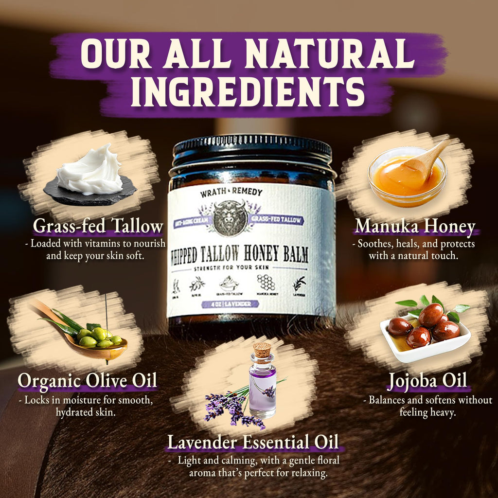 Wrath & Remedy Organic Beef Tallow with Lavender – 4 oz | Grass-Fed, US-Made Balm for Face & Body