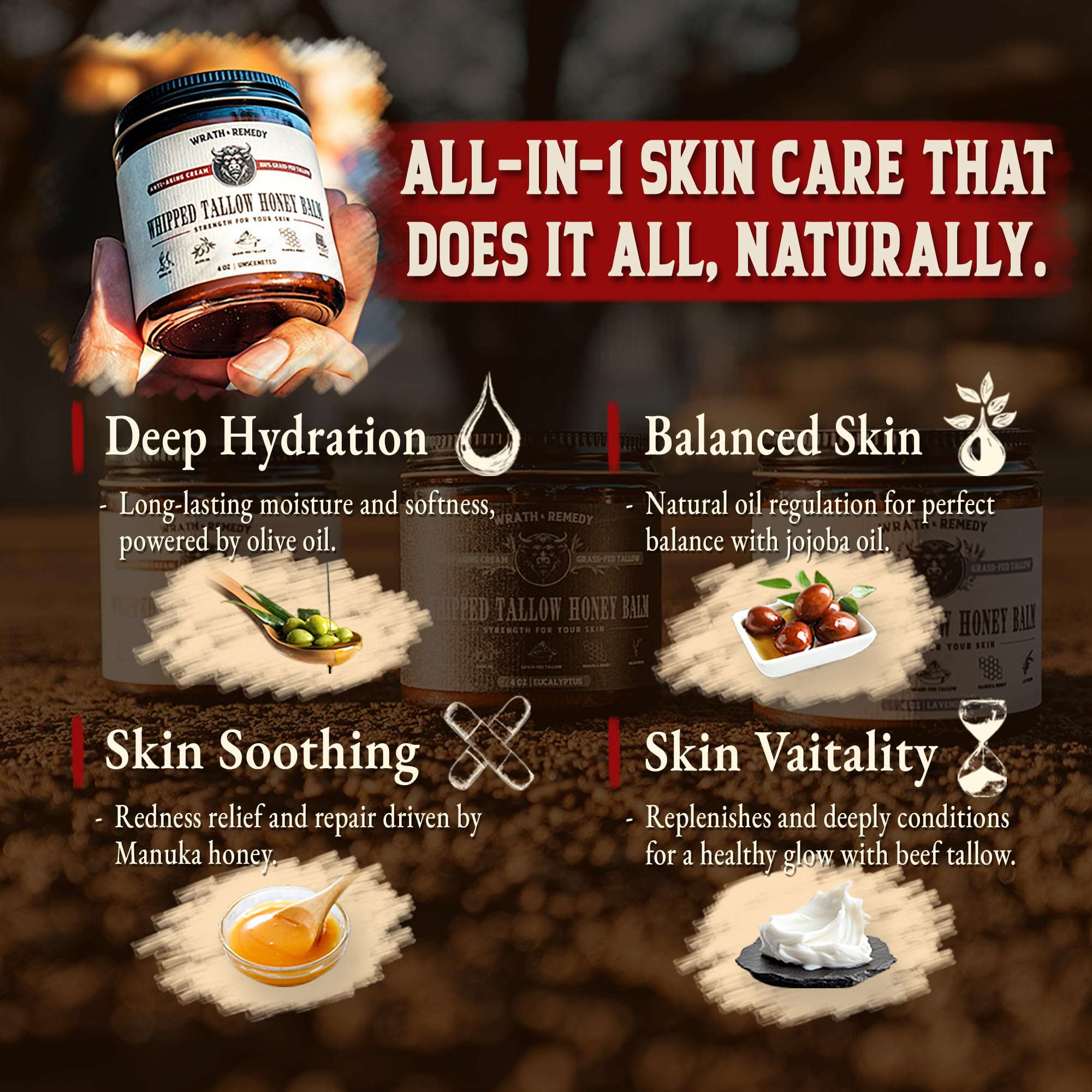 Wrath & Remedy Organic Beef Tallow for Skin - Unscented Whipped Balm 4 oz (Grass-Fed, USA)