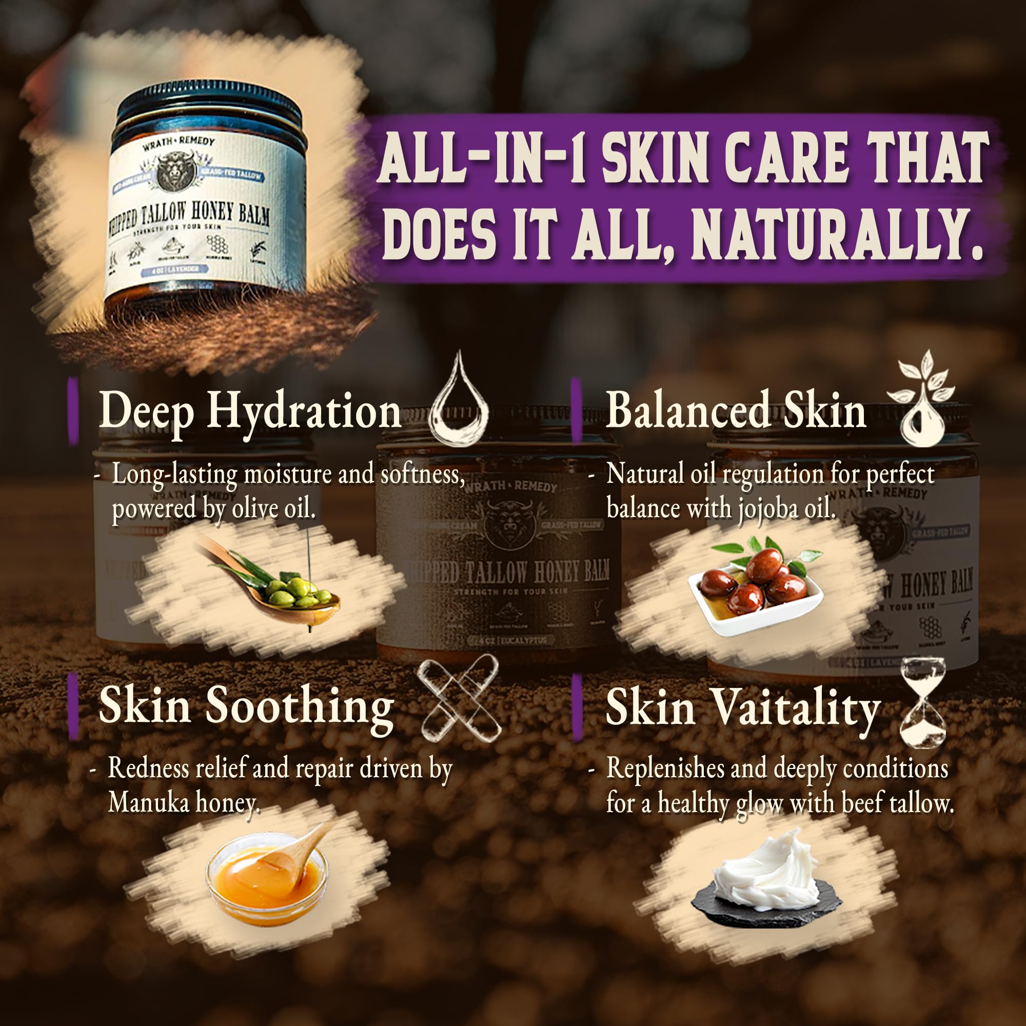 Wrath & Remedy Organic Beef Tallow with Lavender – 4 oz | Grass-Fed, US-Made Balm for Face & Body