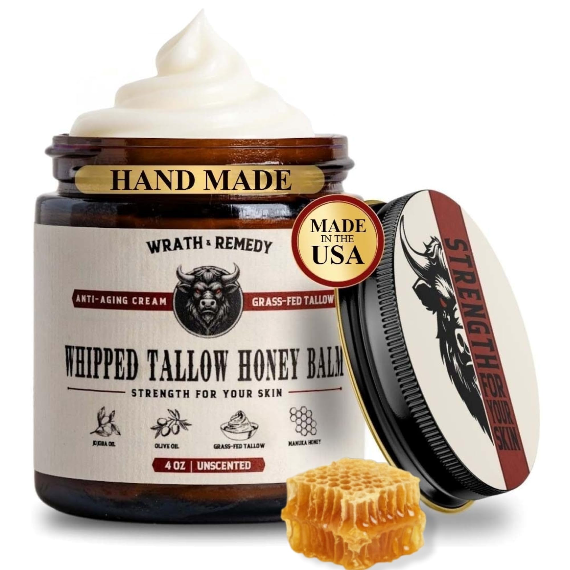 Wrath & Remedy Organic Beef Tallow for Skin - Unscented Whipped Balm 4 oz (Grass-Fed, USA)