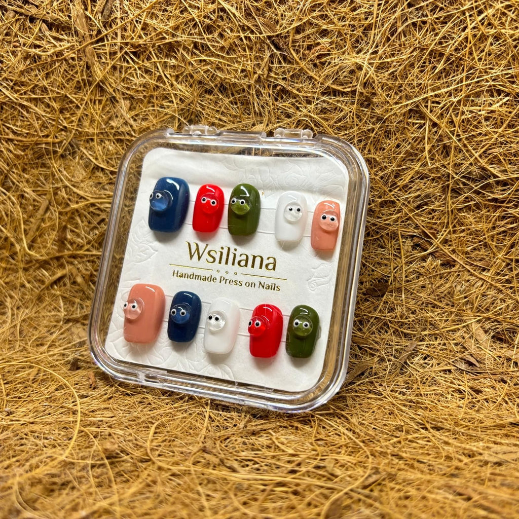 Wsiliana Handmade Press On Nails – Medium Short Coffin with Pink Tip 3D Design Charms | 10 Pcs with Storage Box (024, XS)