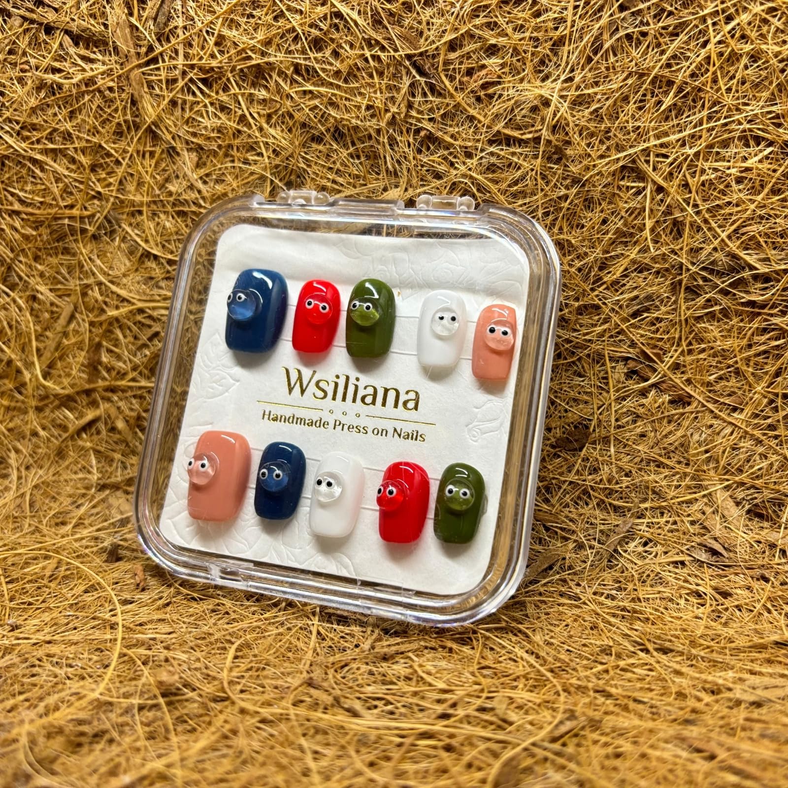 Wsiliana Handmade Press On Nails – Medium Short Coffin with Pink Tip 3D Design Charms | 10 Pcs with Storage Box (024, XS)