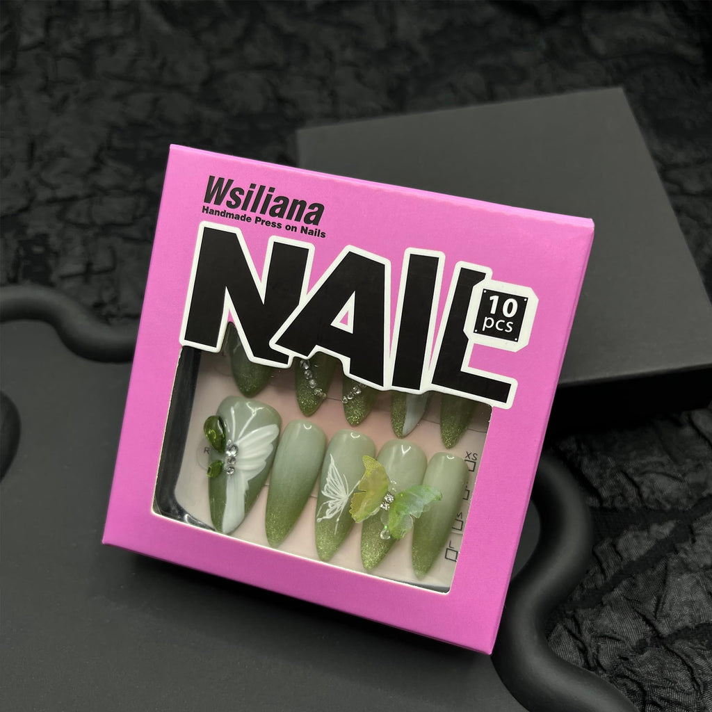Wsiliana Handmade Press-On Nails – Medium Coffin Pink Tip, 3D Design, 10 Pcs