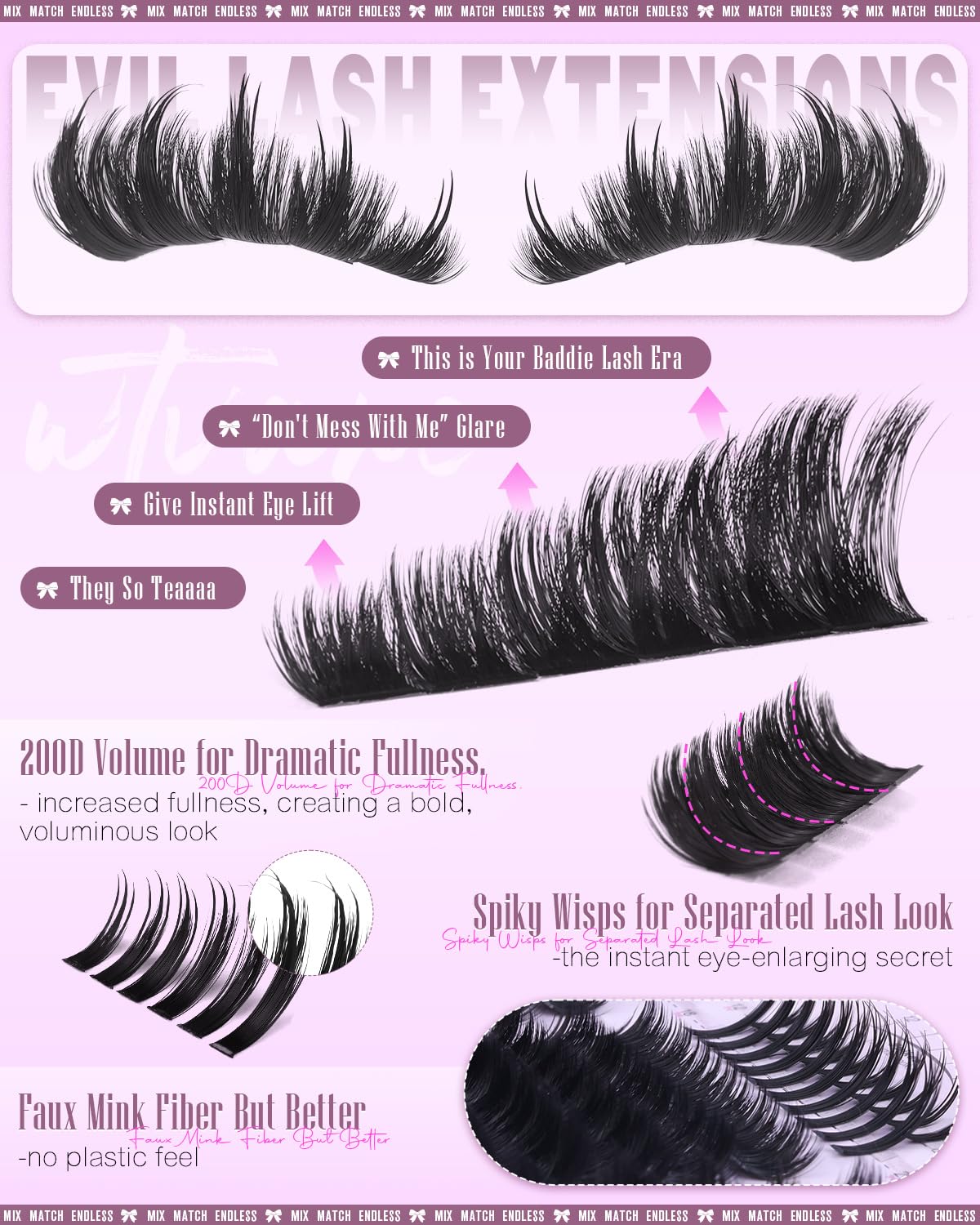 Wtvane Wispy Lash Clusters with Spikes – DIY 200D Lash Extensions, 10-20mm + 12-22mm