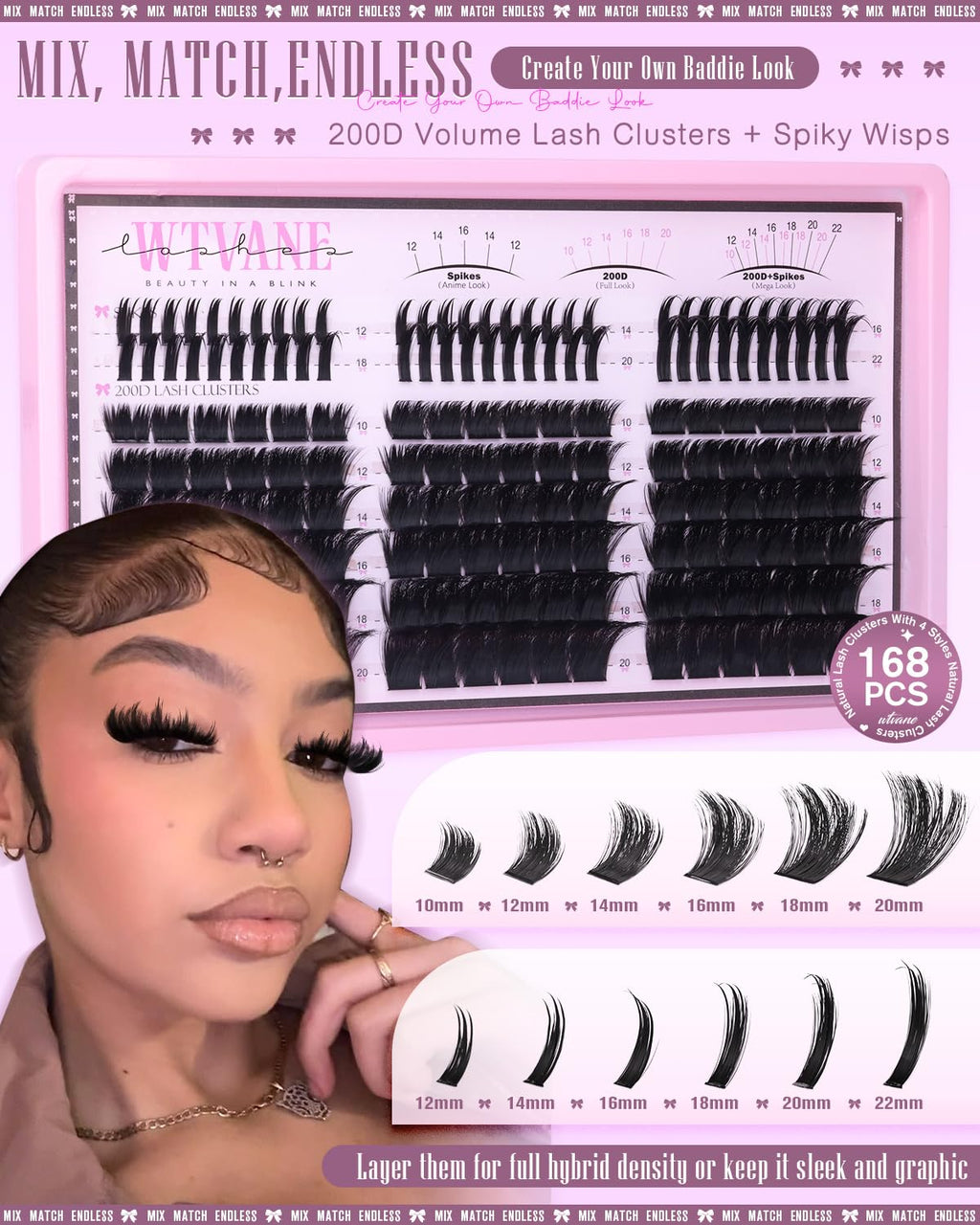 Wtvane Wispy Lash Clusters with Spikes – DIY 200D Lash Extensions, 10-20mm + 12-22mm