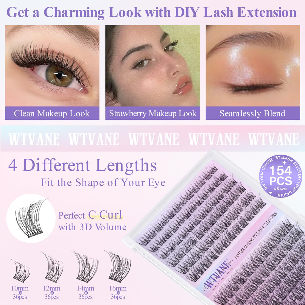 Wtvane Wispy Lash Clusters Kit – 144pcs Natural 10-16mm DIY Lash Extensions with Bond & Seal