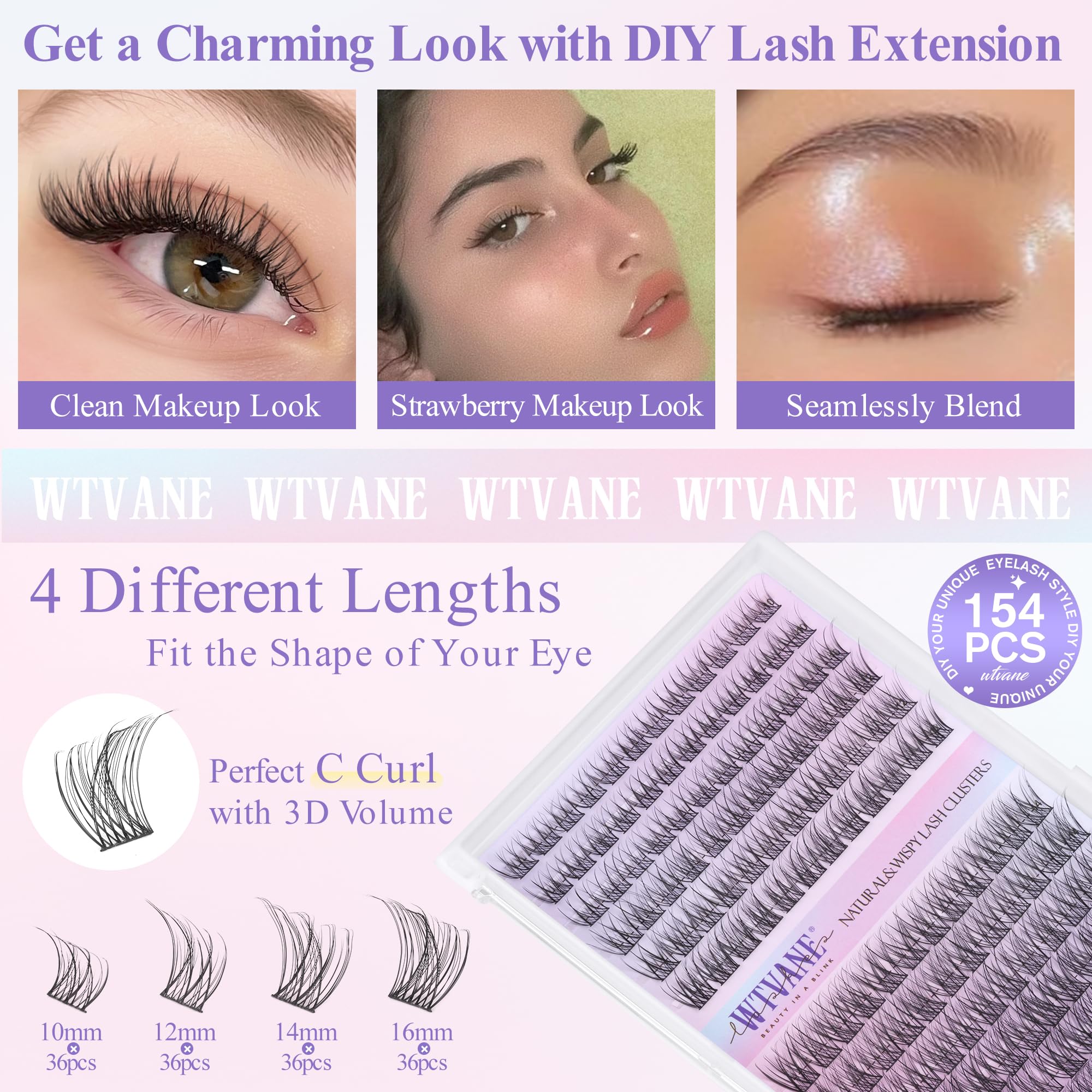 Wtvane Wispy Lash Clusters Kit – 144pcs Natural 10-16mm DIY Lash Extensions with Bond & Seal