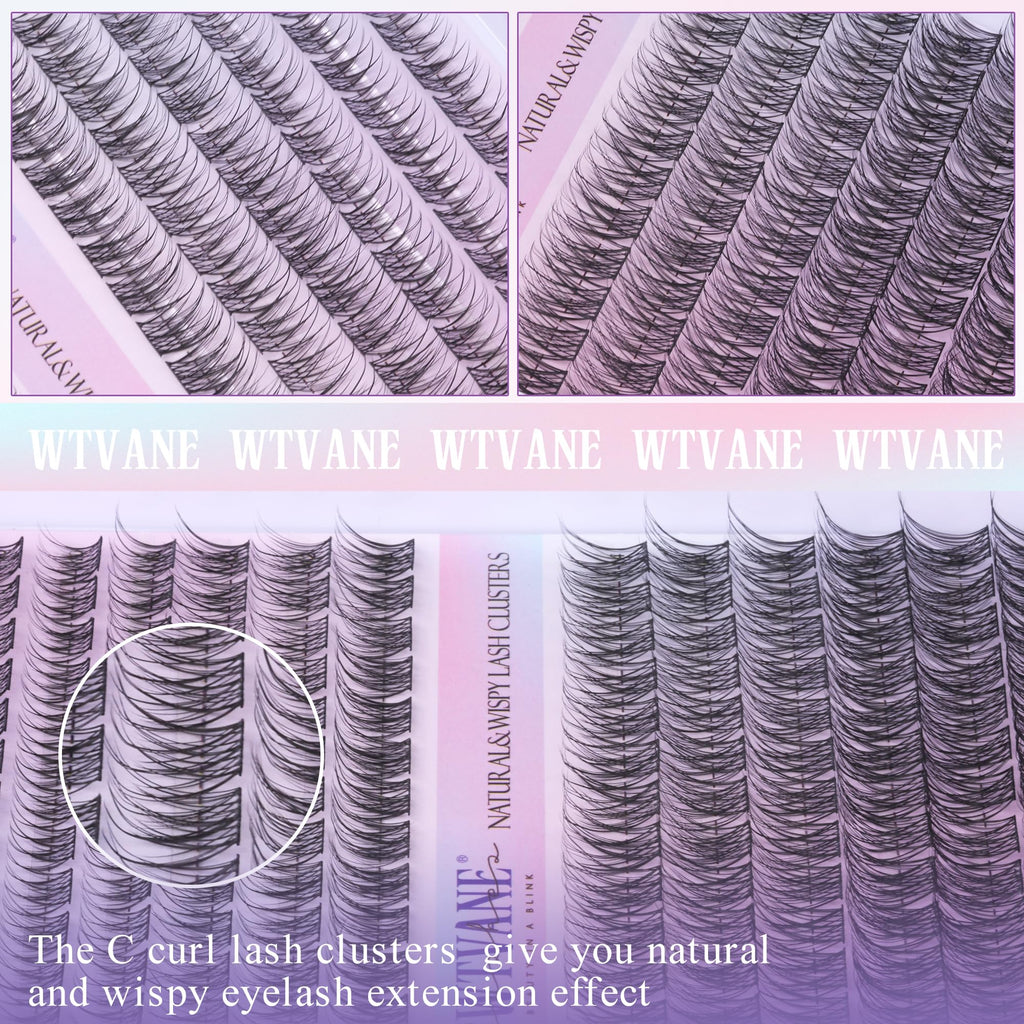 Wtvane Wispy Lash Clusters Kit – 144pcs Natural 10-16mm DIY Lash Extensions with Bond & Seal