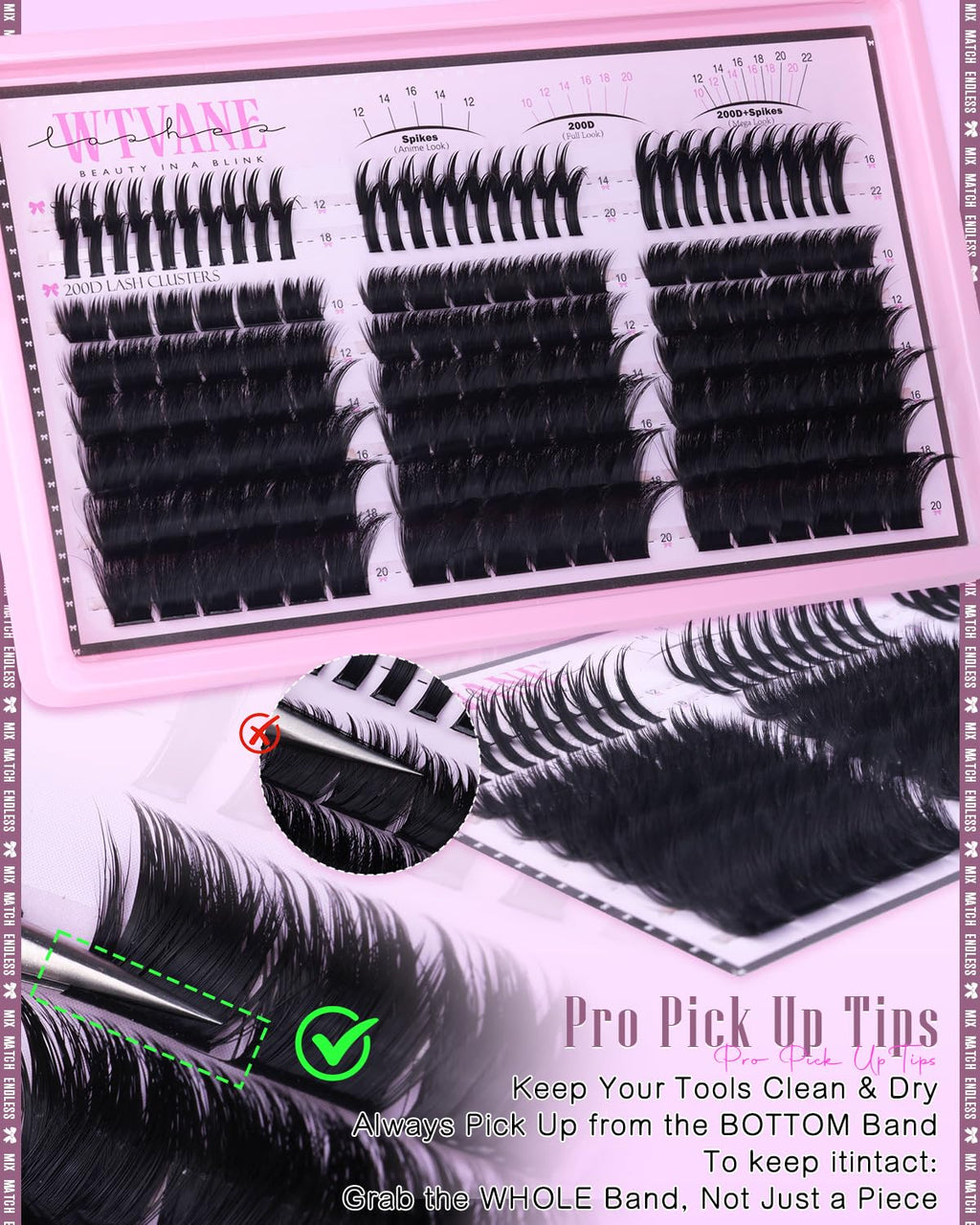 Wtvane Wispy Lash Clusters with Spikes – DIY 200D Lash Extensions, 10-20mm + 12-22mm