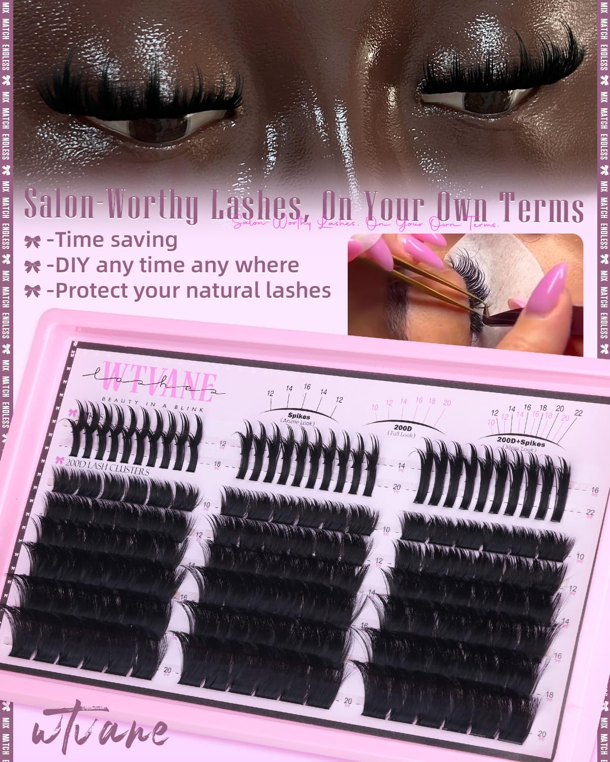 Wtvane Wispy Lash Clusters with Spikes – DIY 200D Lash Extensions, 10-20mm + 12-22mm