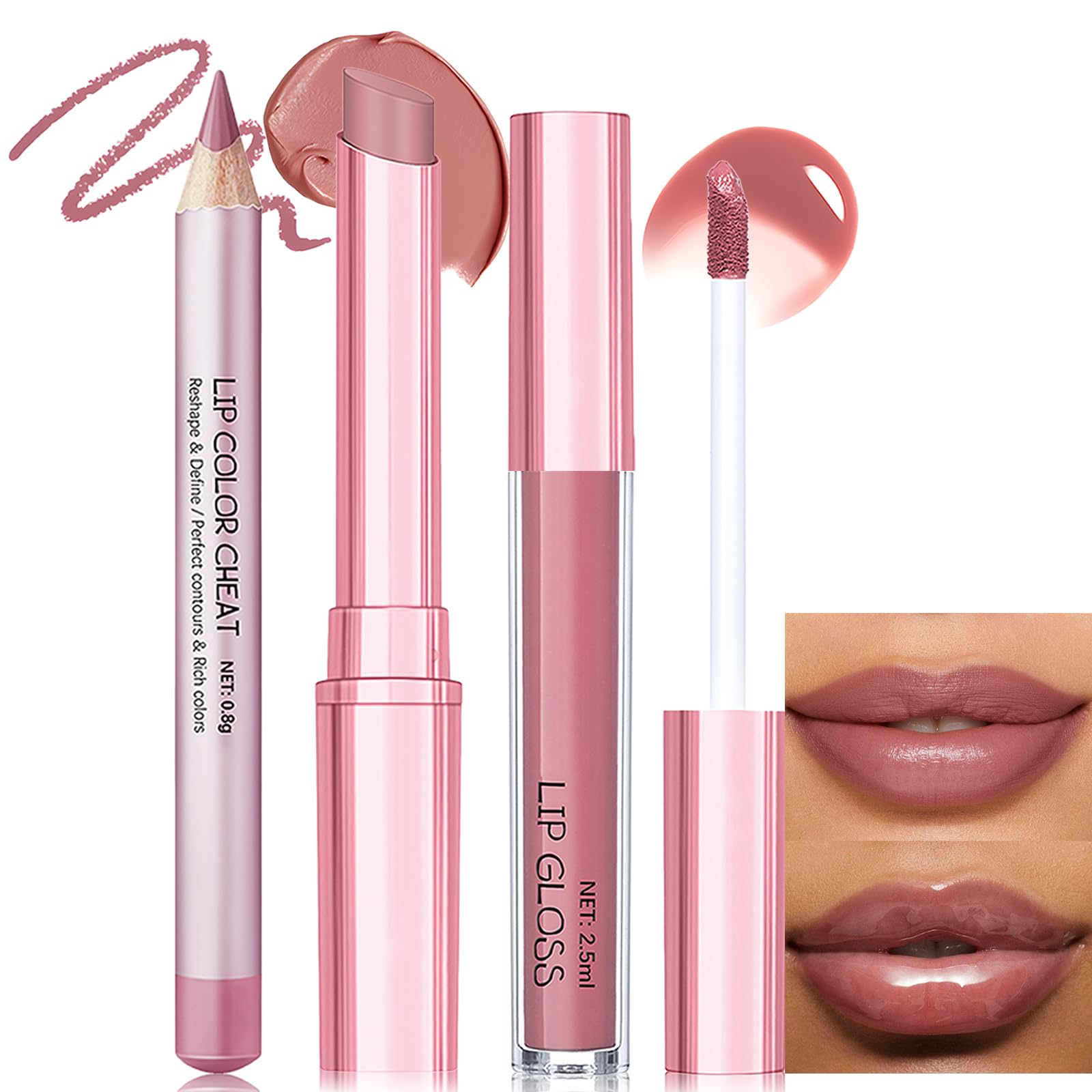 Wugbc Nude Pink Lip Kit – Matte Lipstick, Lip Liner & Gloss Set | High Pigment, Moisturizing & Long-Lasting