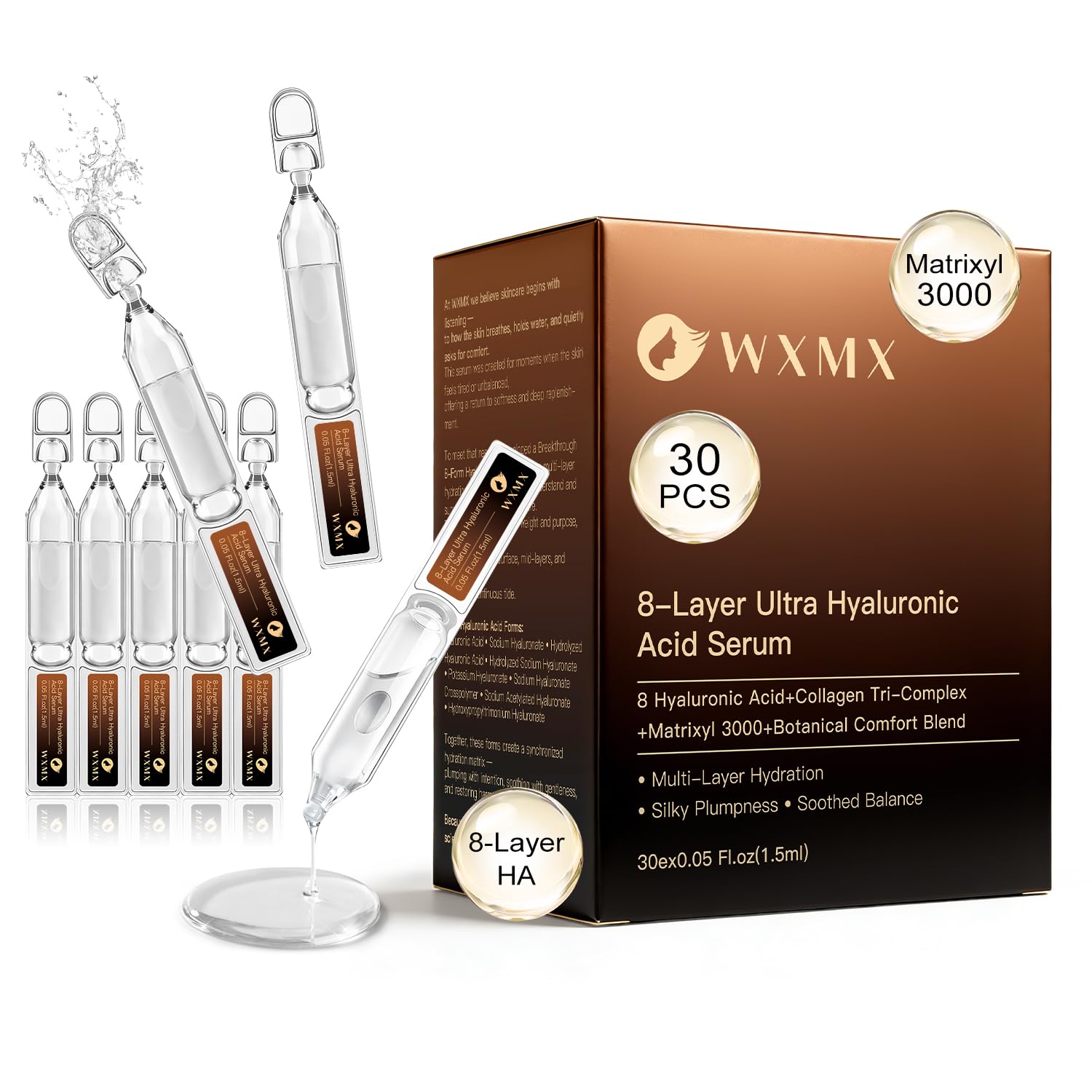 WXMX Ultra Hyaluronic Acid Serum — 8 HA Forms, Matrixyl 3000 & Collagen Tri-Complex, Multi-Layer Hydration (0.05 fl oz x 30 Ampoules)