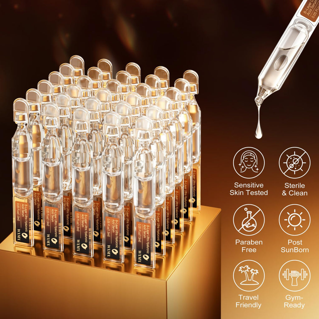 WXMX Ultra Hyaluronic Acid Serum — 8 HA Forms, Matrixyl 3000 & Collagen Tri-Complex, Multi-Layer Hydration (0.05 fl oz x 30 Ampoules)