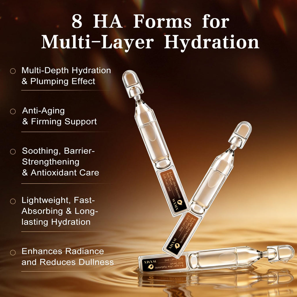 WXMX Ultra Hyaluronic Acid Serum — 8 HA Forms, Matrixyl 3000 & Collagen Tri-Complex, Multi-Layer Hydration (0.05 fl oz x 30 Ampoules)