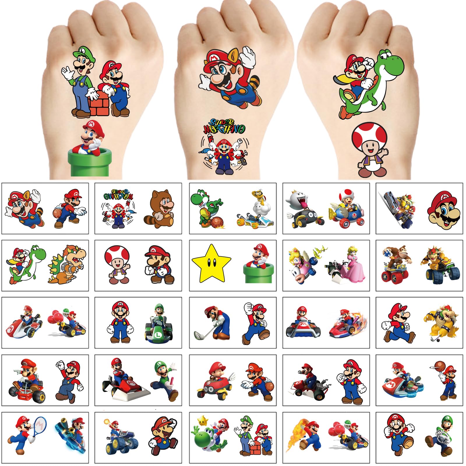 WYKDAG Mario Temporary Tattoos – 100 Sheets for Birthday Party Favors