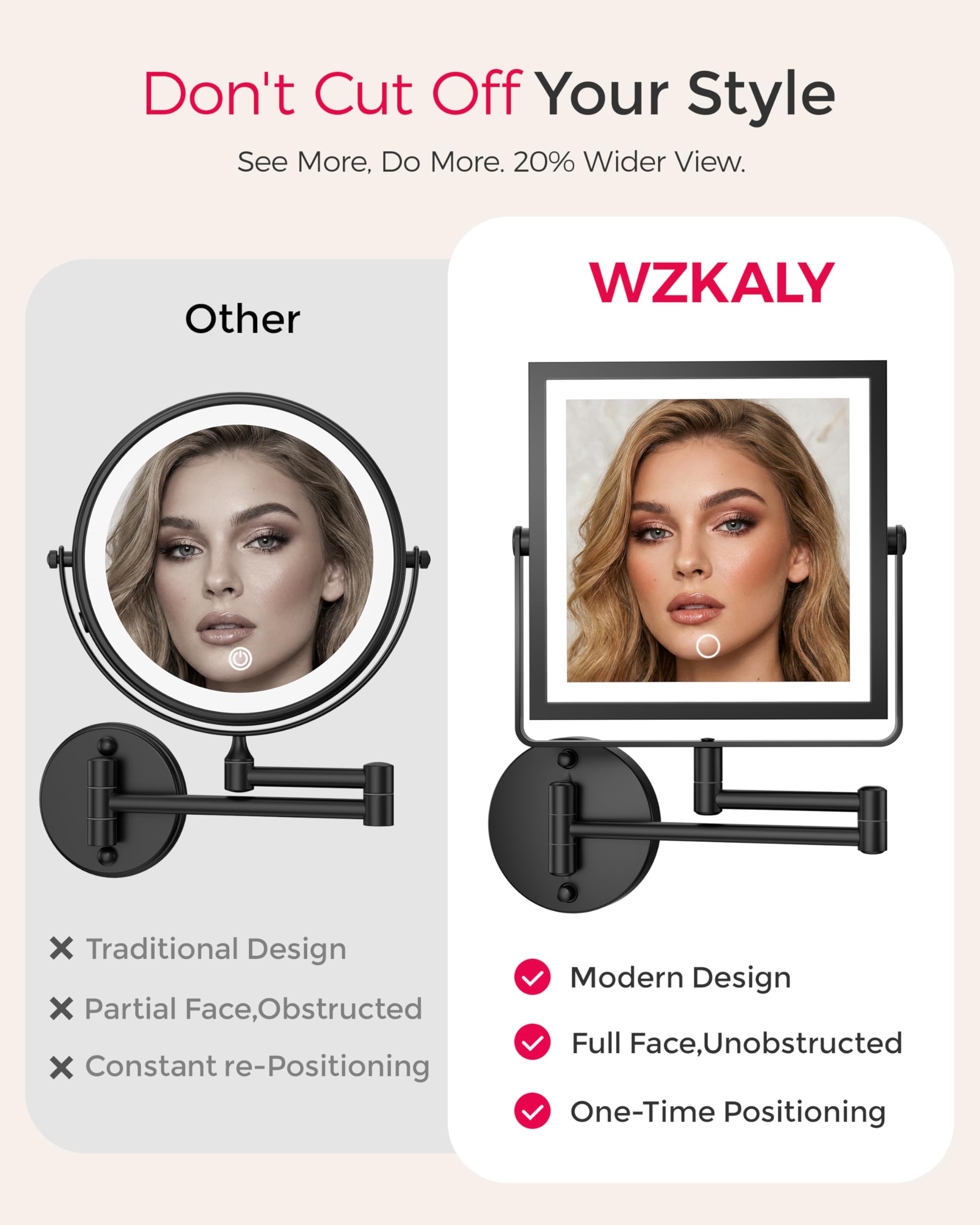WZKALY Rechargeable Wall Mounted Makeup Mirror with Lights — 1X/10X Magnification, 3-Color LED, Foldable Arm