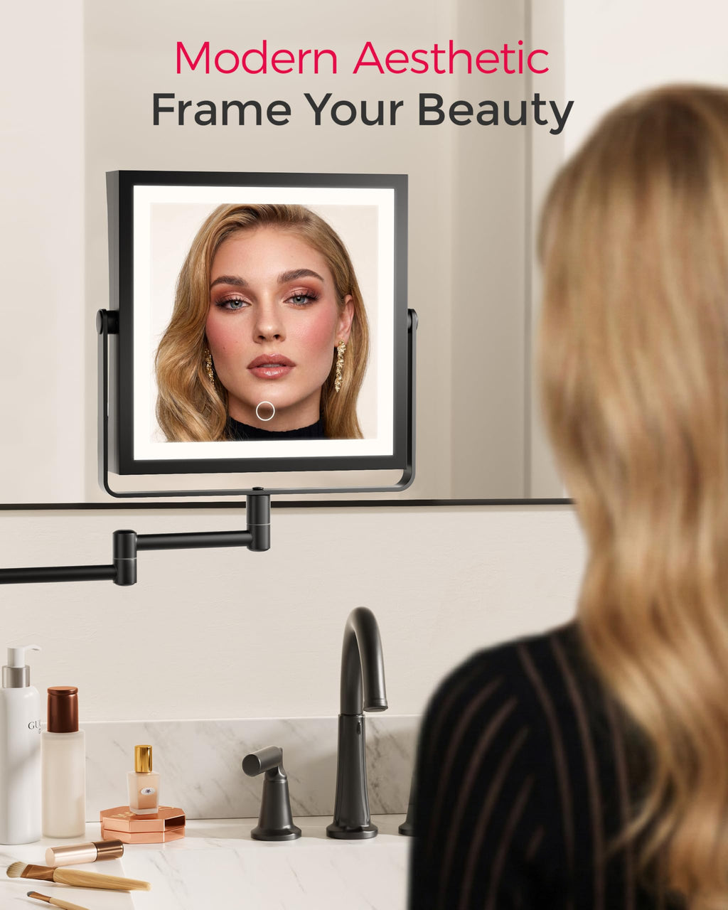 WZKALY Rechargeable Wall Mounted Makeup Mirror with Lights — 1X/10X Magnification, 3-Color LED, Foldable Arm