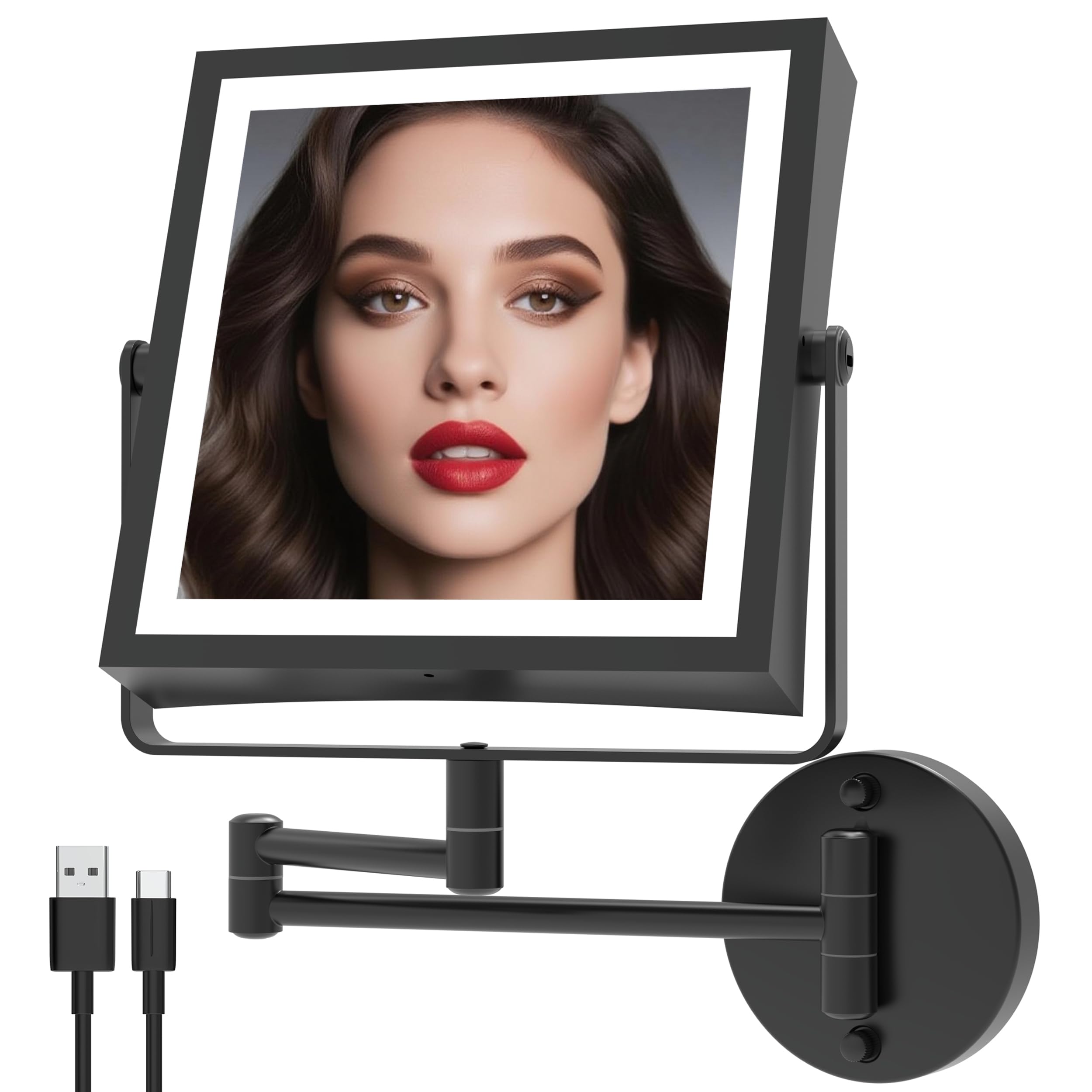 WZKALY Rechargeable Wall Mounted Makeup Mirror with Lights — 1X/10X Magnification, 3-Color LED, Foldable Arm
