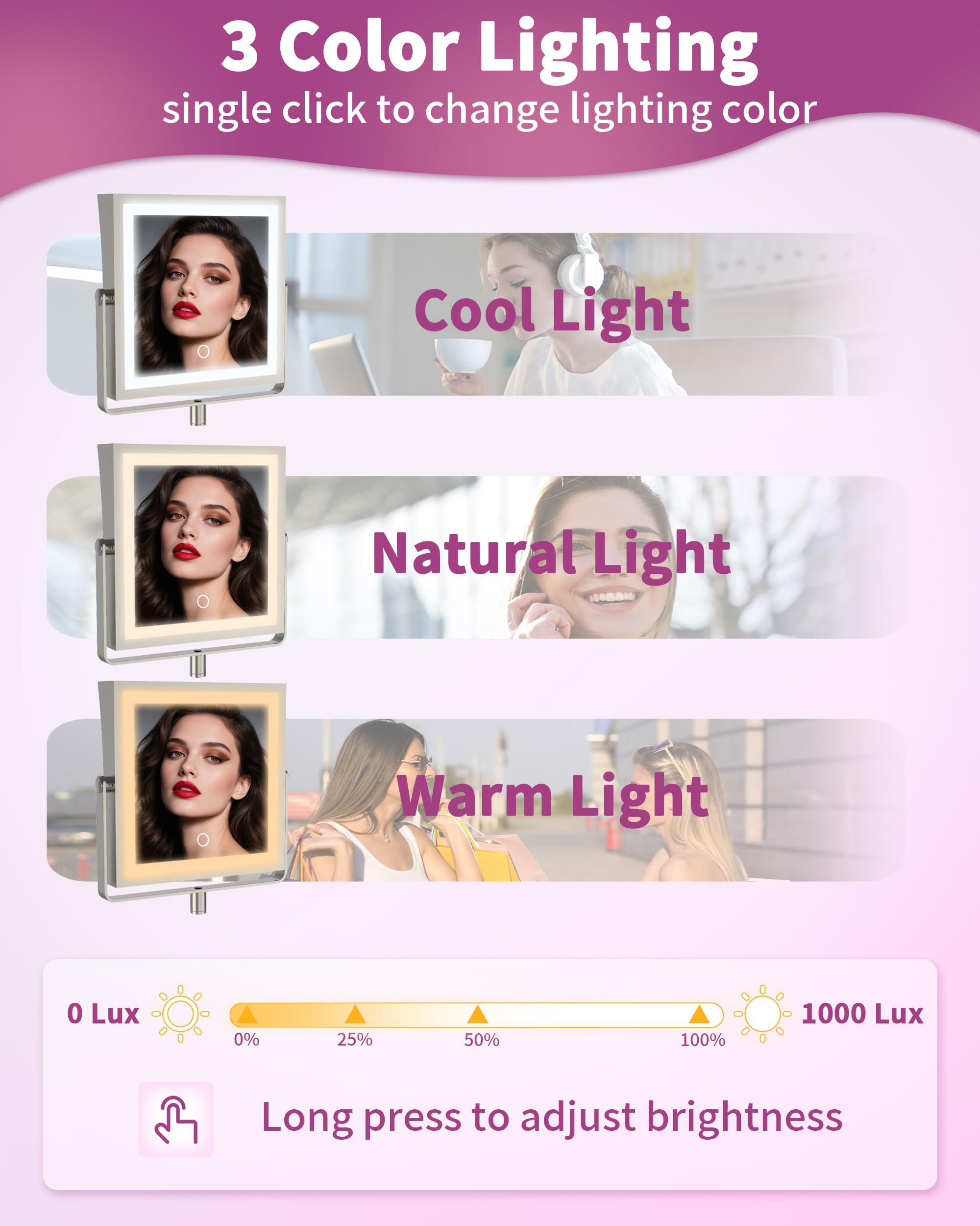 WZKALY Rechargeable Wall Mounted Makeup Mirror with Lights – 1X/10X Magnification, 3 Color Lights, Brushed Nickel