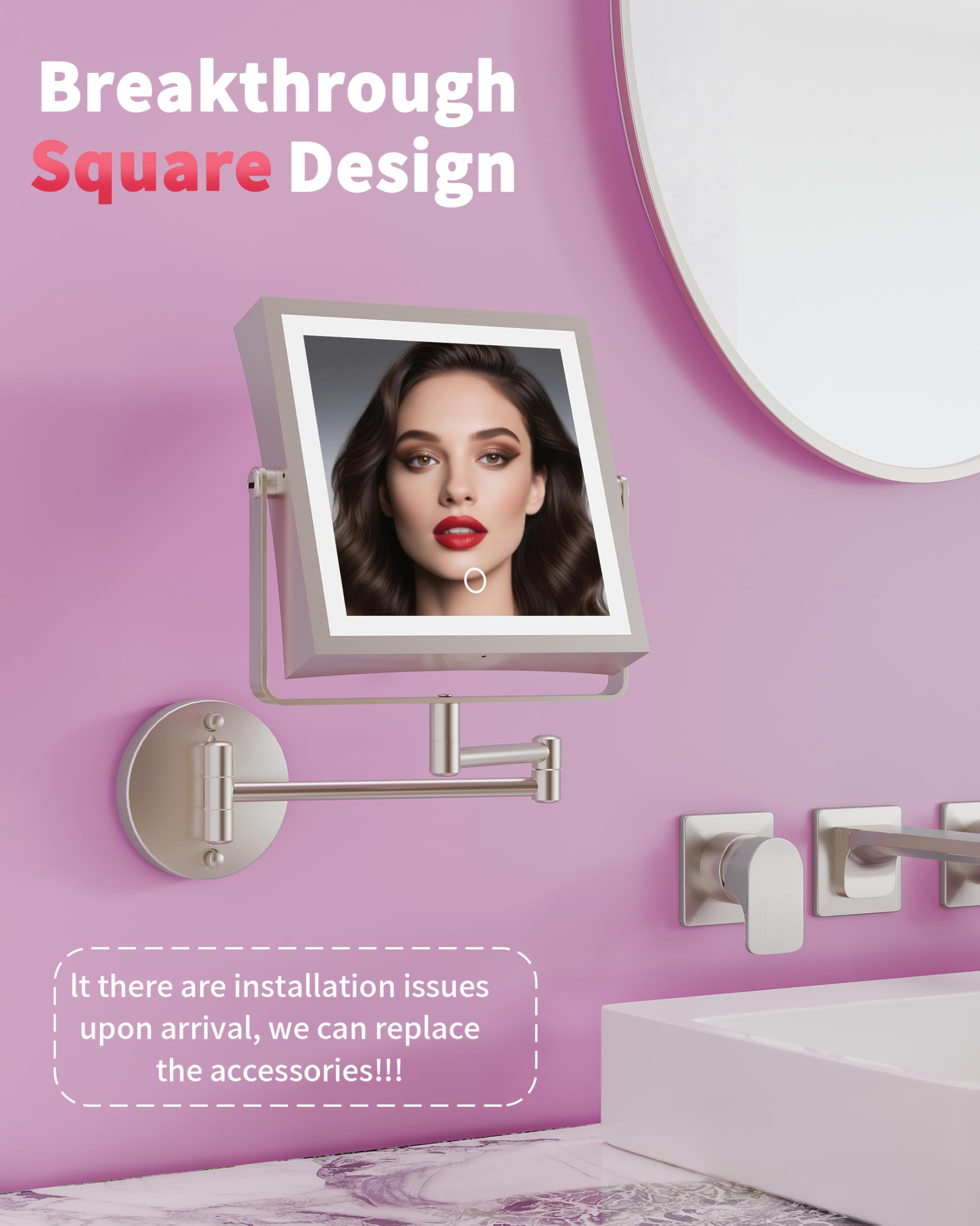 WZKALY Rechargeable Wall Mounted Makeup Mirror with Lights – 1X/10X Magnification, 3 Color Lights, Brushed Nickel