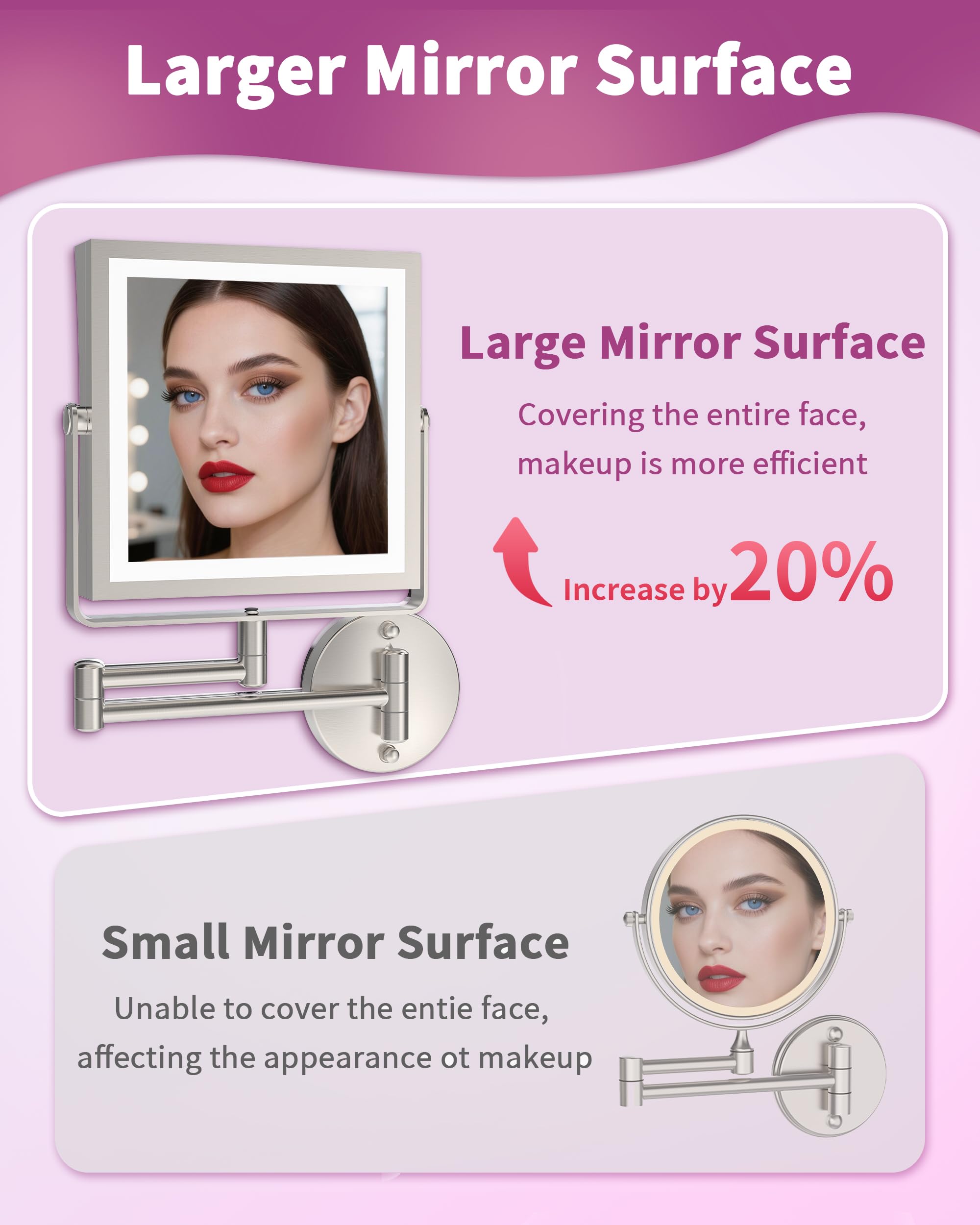 WZKALY Rechargeable Wall Mounted Makeup Mirror with Lights – 1X/10X Magnification, 3 Color Lights, Brushed Nickel