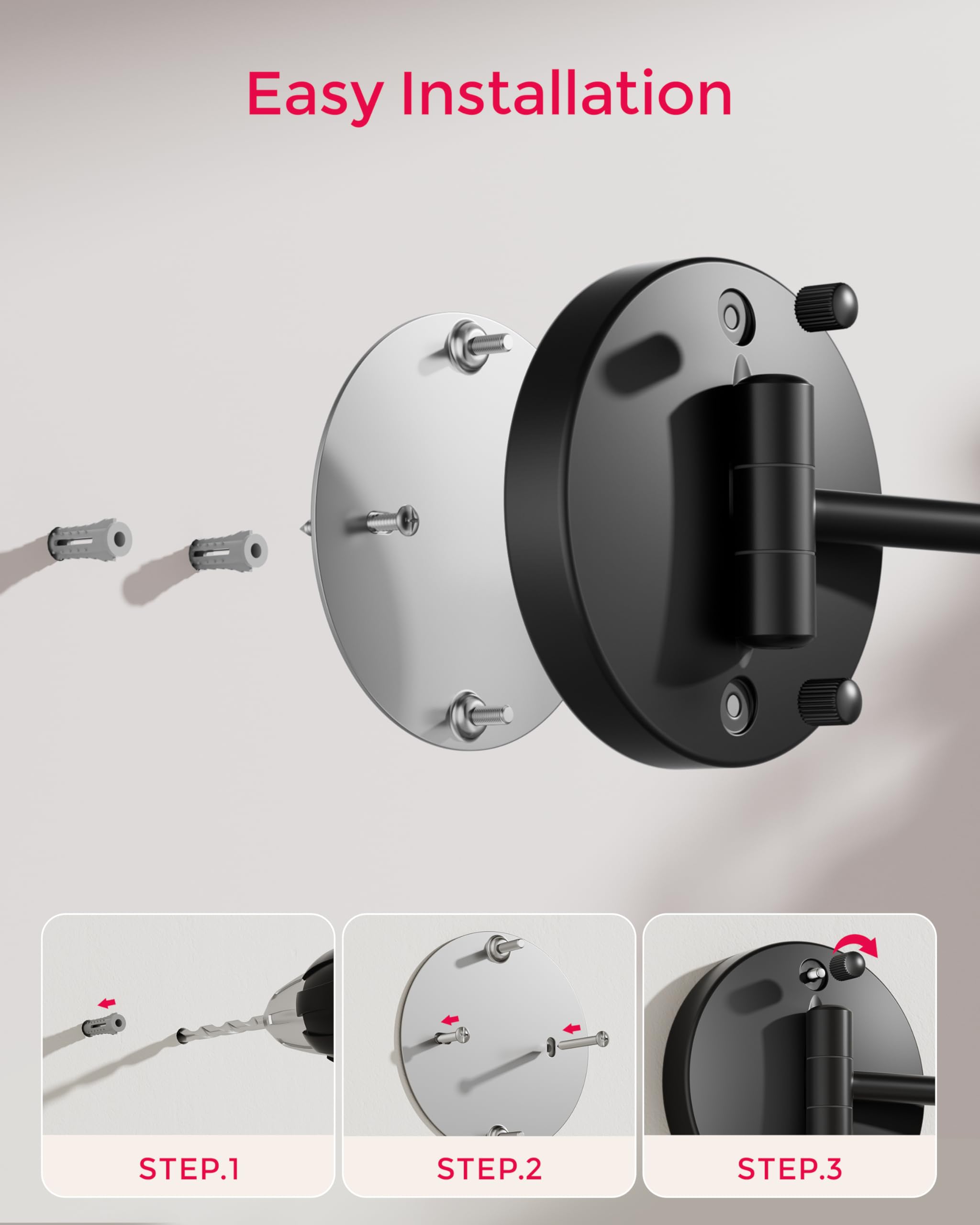WZKALY Rechargeable Wall Mounted Makeup Mirror with Lights — 1X/10X Magnification, 3-Color LED, Foldable Arm