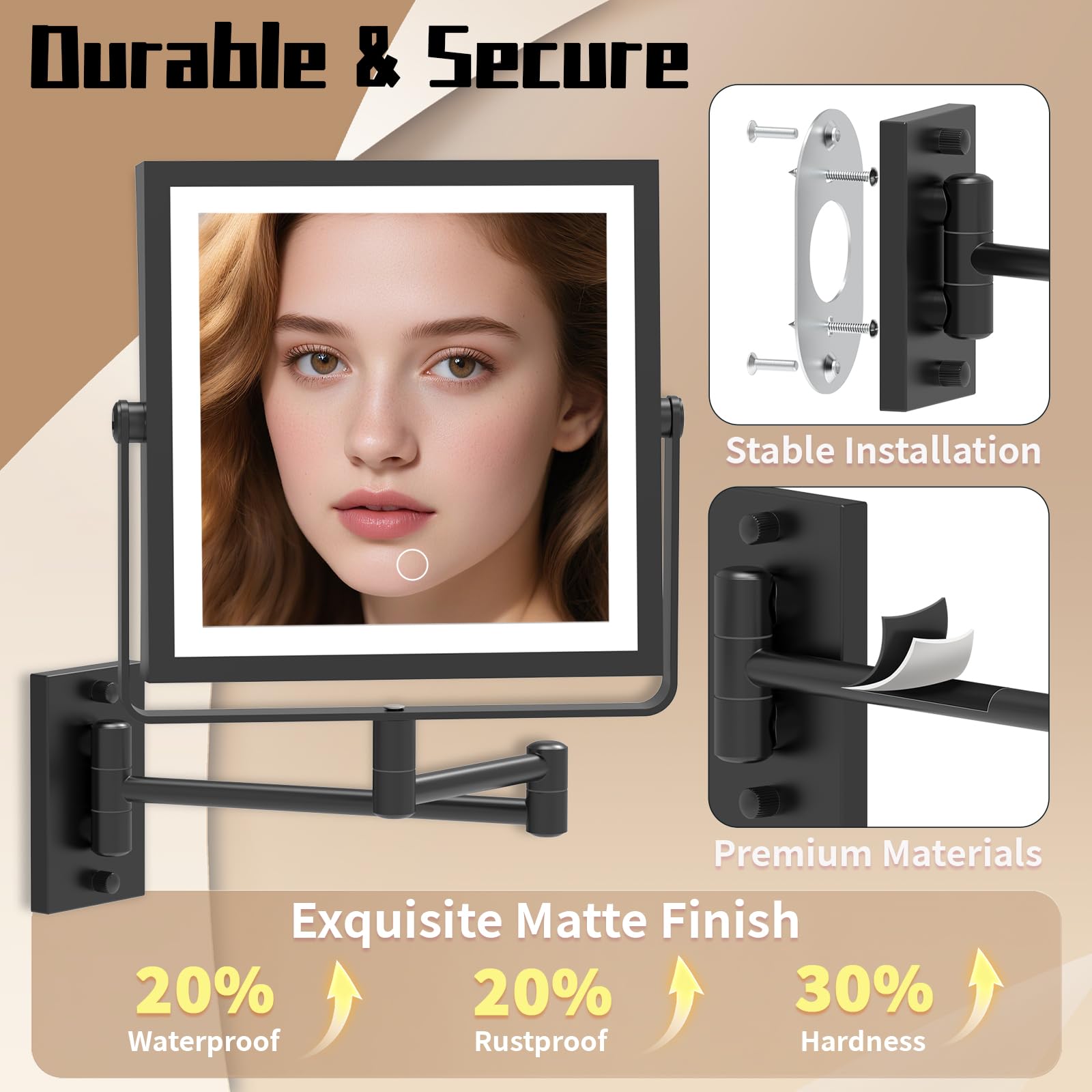 WZRUA Wall Mounted Lighted Vanity Mirror with 1X/10X Magnification - 3 Color Lights & 360° Swing Arm