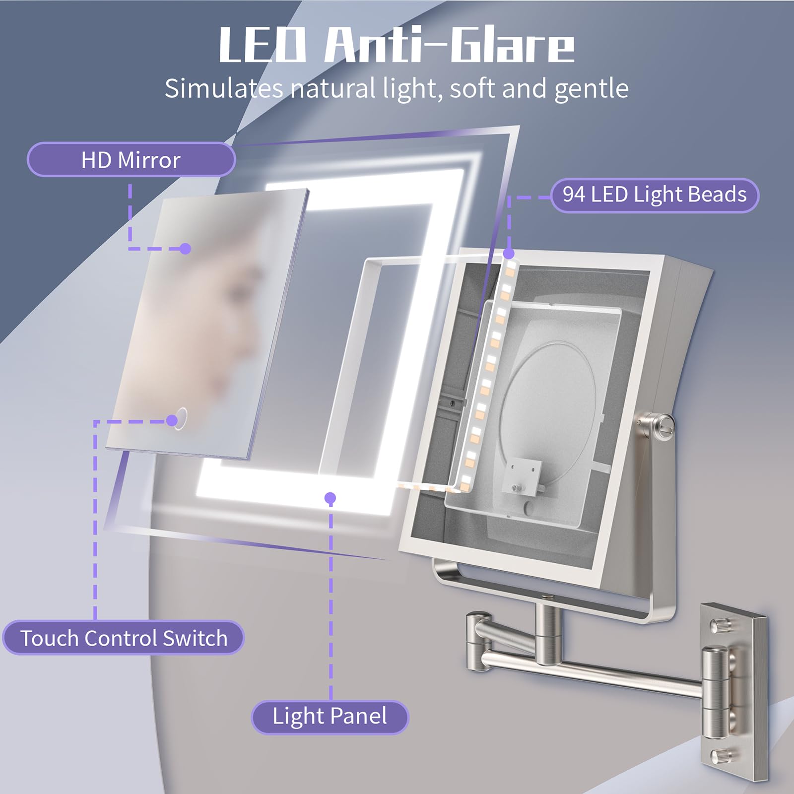 WZRUA Wall Mounted Makeup Mirror with Lights — 4000mAh Rechargeable, 1x/10x Magnification, 3-Color LED, 360° Arm