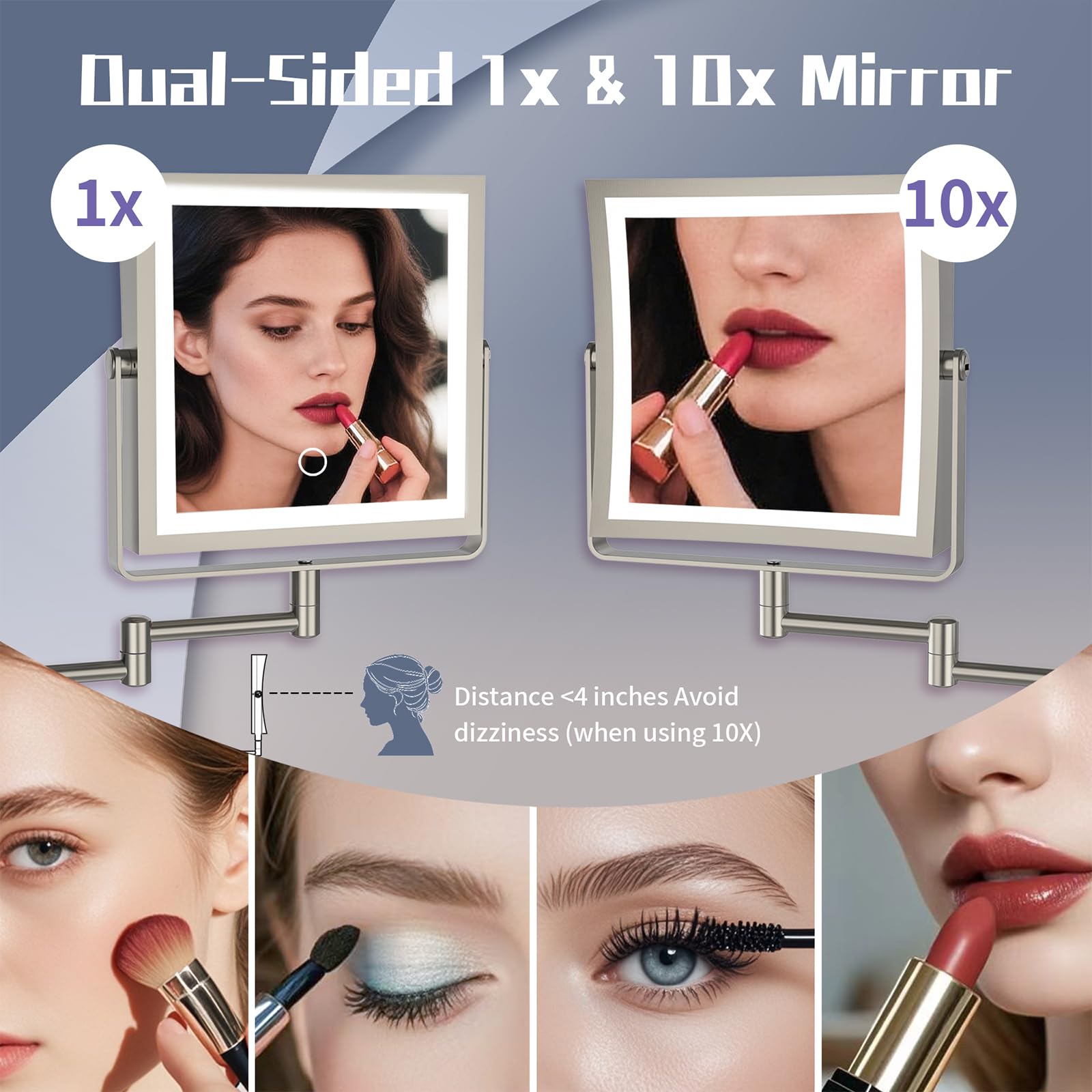 WZRUA Wall Mounted Makeup Mirror with Lights — 4000mAh Rechargeable, 1x/10x Magnification, 3-Color LED, 360° Arm