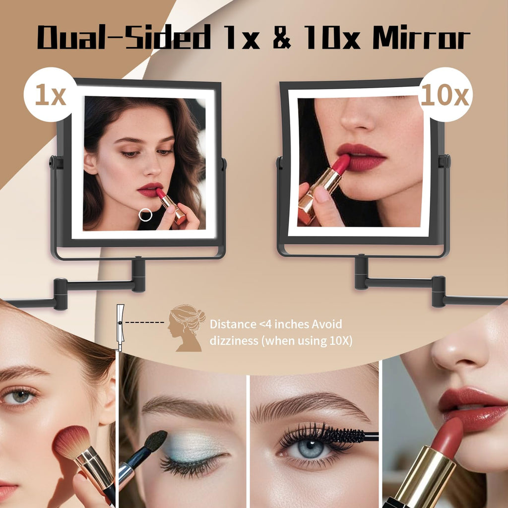 WZRUA Wall Mounted Lighted Vanity Mirror with 1X/10X Magnification - 3 Color Lights & 360° Swing Arm