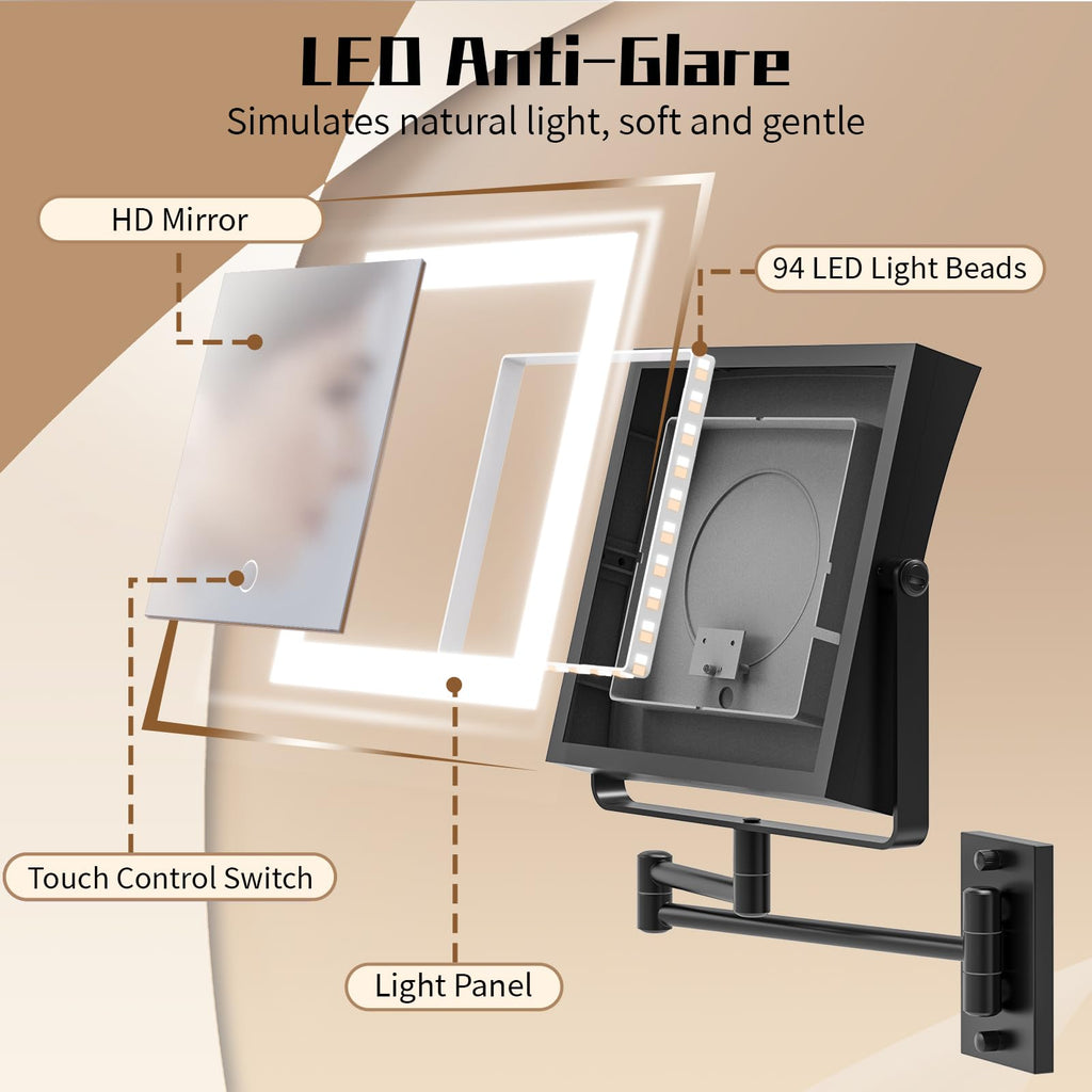 WZRUA Wall Mounted Lighted Vanity Mirror with 1X/10X Magnification - 3 Color Lights & 360° Swing Arm