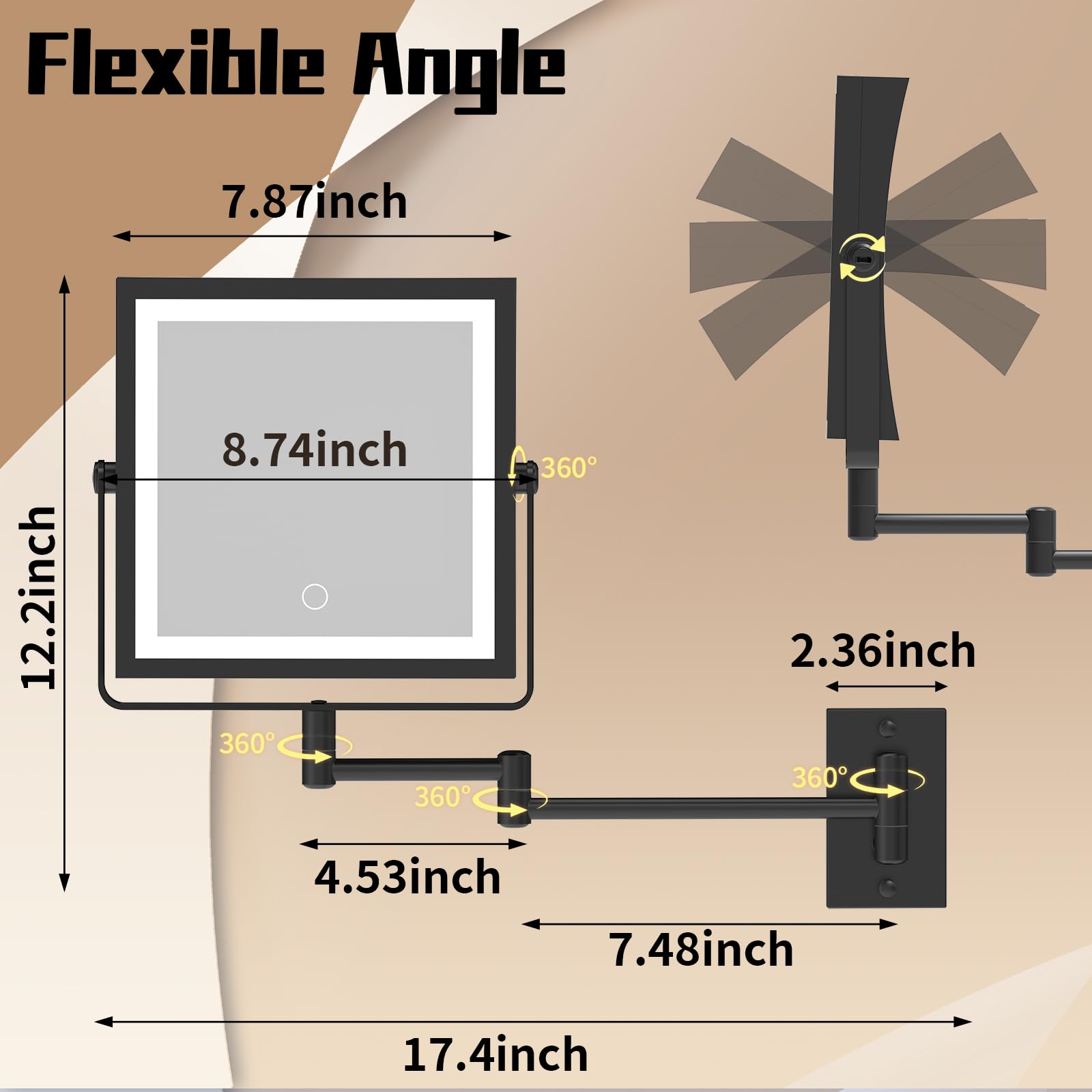 WZRUA Wall Mounted Lighted Vanity Mirror with 1X/10X Magnification - 3 Color Lights & 360° Swing Arm