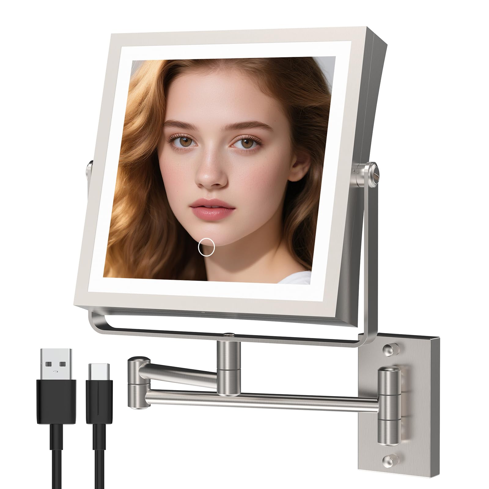 WZRUA Wall Mounted Makeup Mirror with Lights — 4000mAh Rechargeable, 1x/10x Magnification, 3-Color LED, 360° Arm