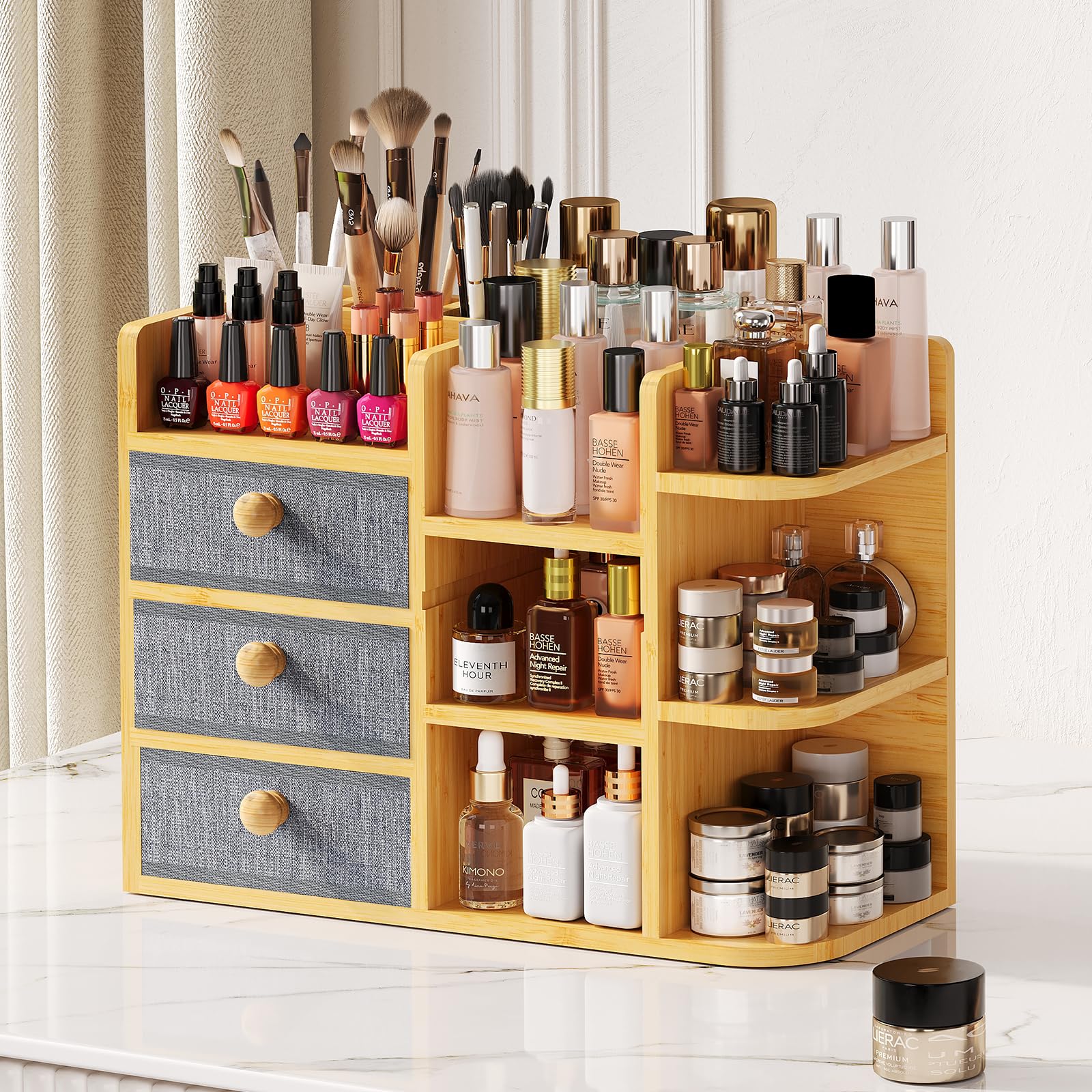 X-cosrack Large Makeup Organizer – 3-Tier Bamboo Vanity & Bathroom Storage