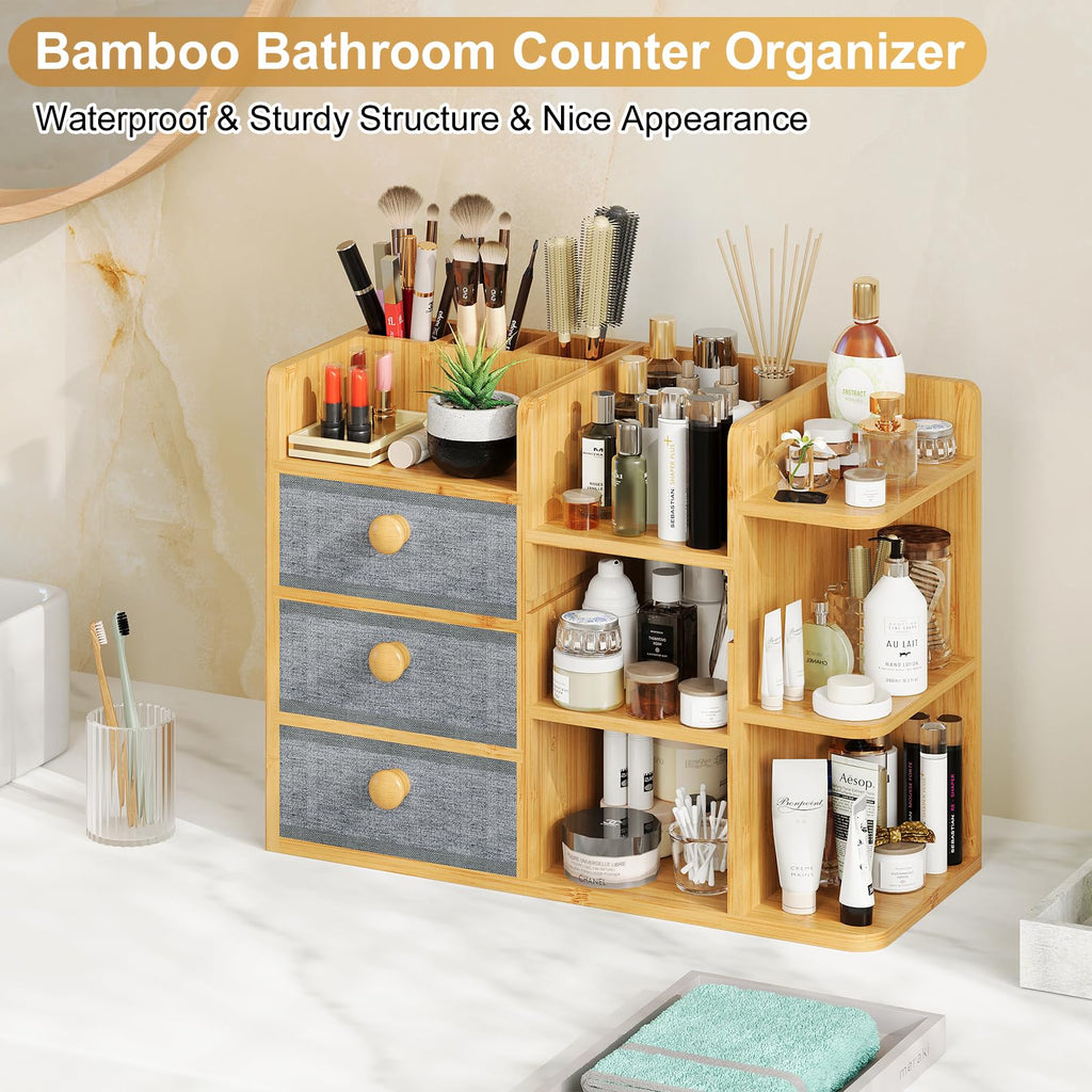 X-cosrack Large Makeup Organizer – 3-Tier Bamboo Vanity & Bathroom Storage